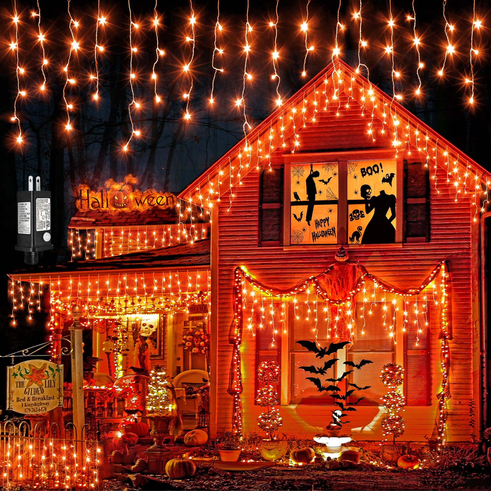 Orange Halloween Lights Outdoor, 66ft 640LED Halloween Icicle Lights Outdoor 8 Modes with 75 Drops, Waterproof Orange Icicle Lights Plug in for Indoor Party Holiday Christmas Halloween Decorations