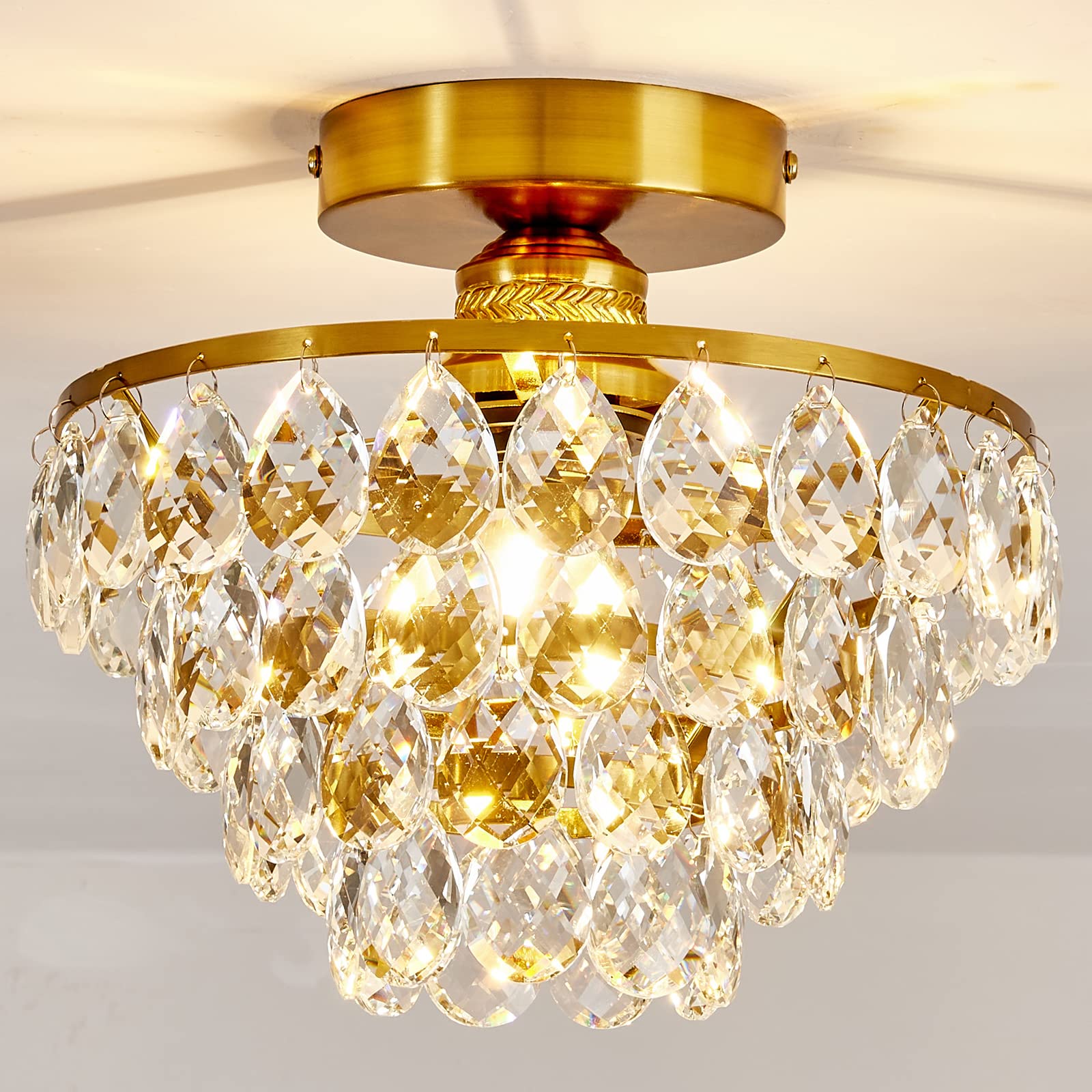 YYJLX Modern E26 Small Crystal Chandelier Semi Flush Mount Ceiling Light Fixture Gold Ceiling Lamp for Hallway Bedroom Bathroom 