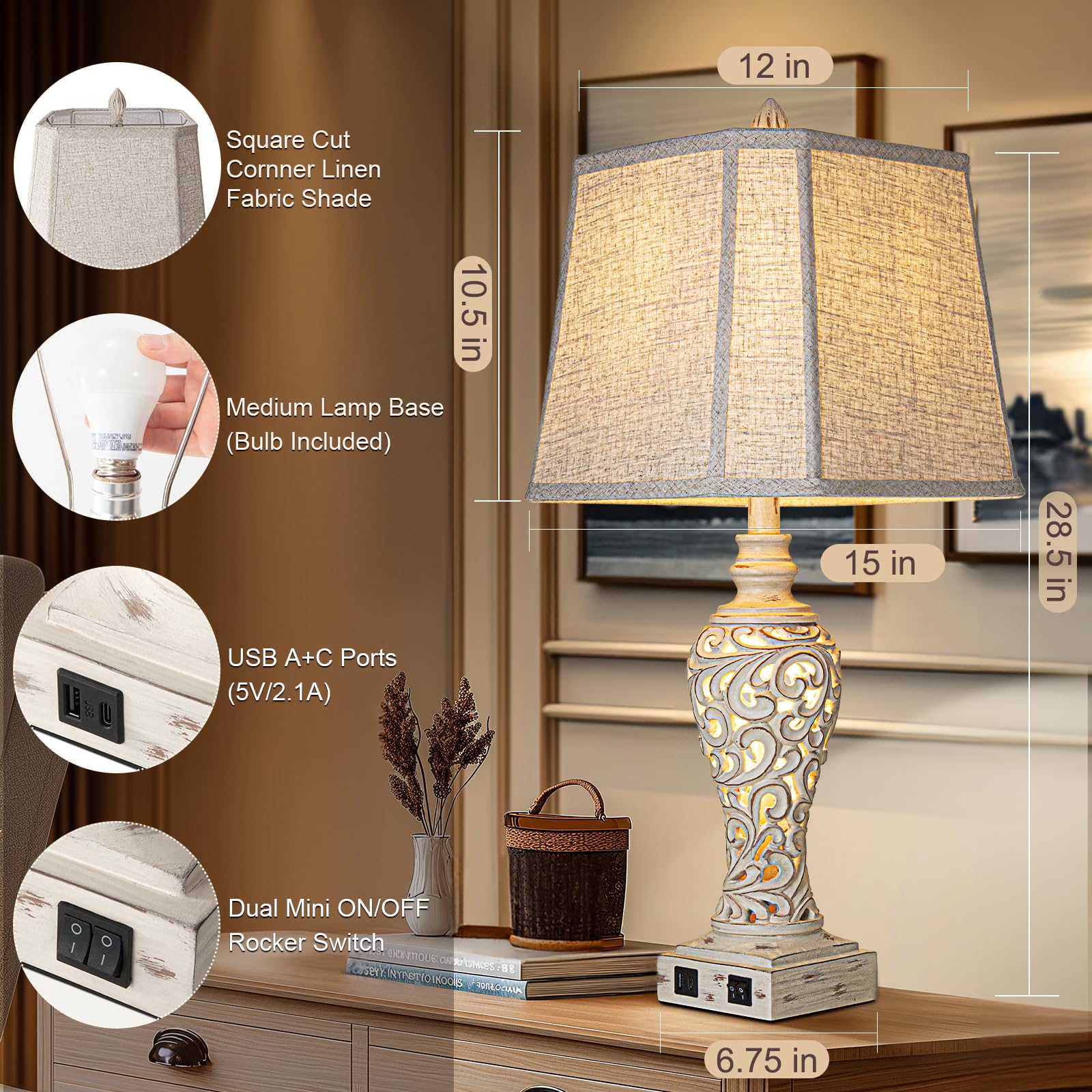 LuxSight Collection 28.5" Table Lamps Set of 2 - Cream Fabric Shades with USB & Nightlight for Bedroom and Living Room - Model LC14