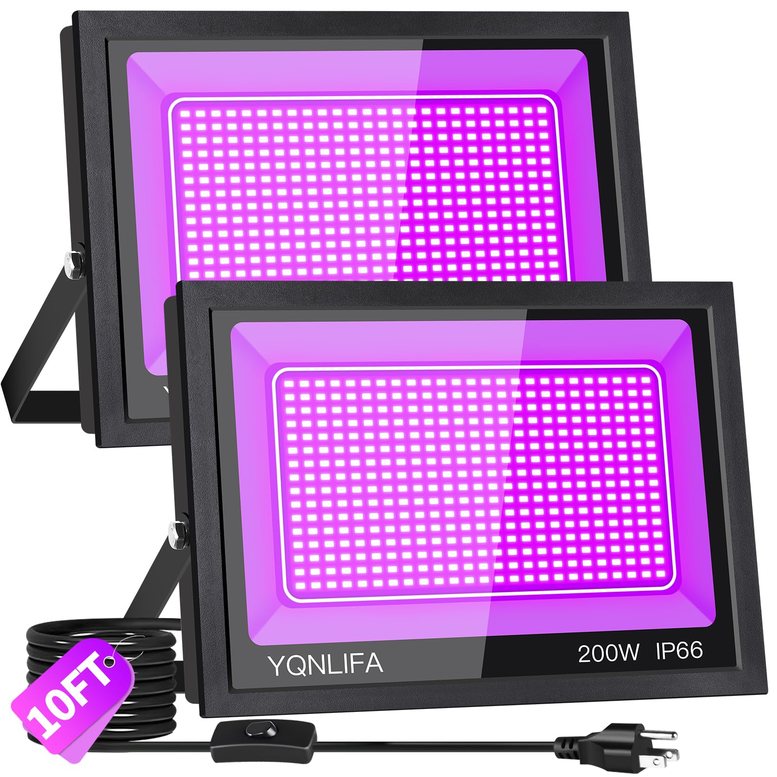 YQNLIFA 200W LED Black Lights, 2 Pack Blacklights with 10Ft Cable Plug, IP66 Waterproof Blacklight for Party, Body Paint, Fluore