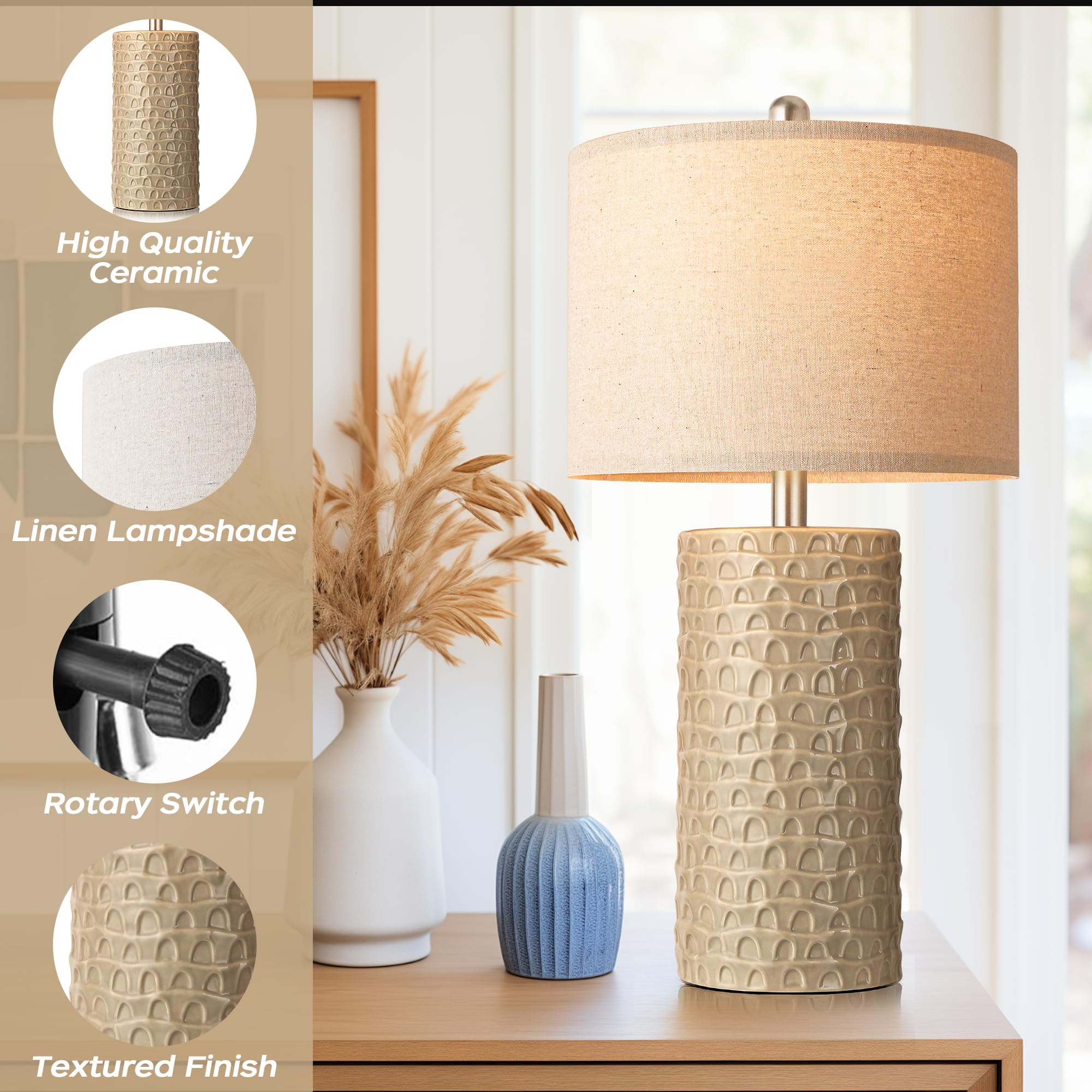 PARTPHONER Ceramic Table Lamp Set of 2, Rustic Beige, Model STR-DL-0005, Ideal for Living Room and Bedroom Decor