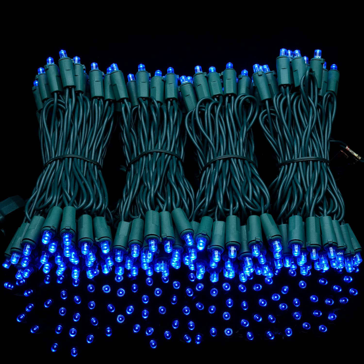 YULETIME 200 Blue LED Christmas Lights, 66ft Green Wire, UL Certified, 5mm Bulbs, Model BMD-L-200E/4F