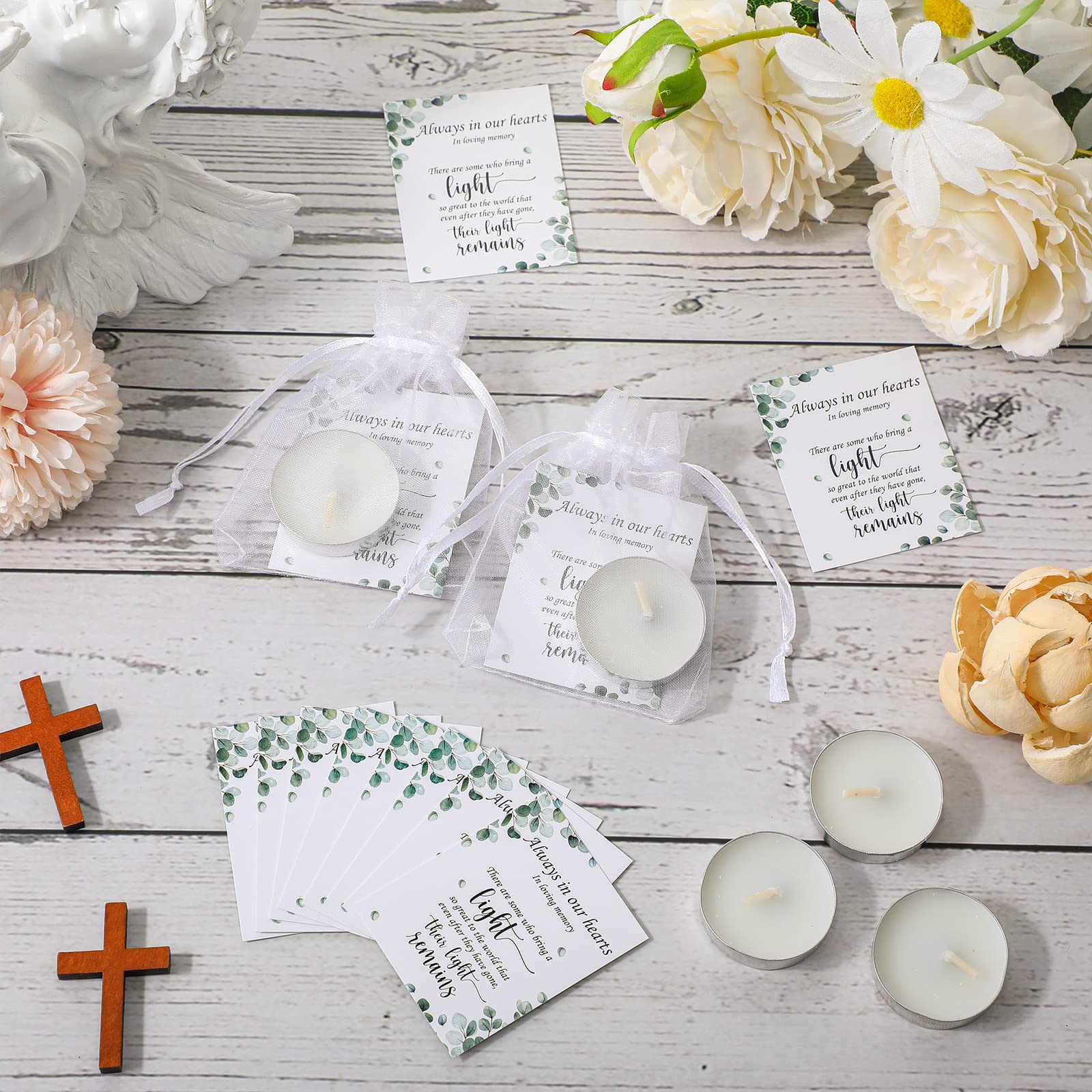 50 Set Funeral Party Favors Memorial White Candles Unscented Funeral Gifts Tealight Candles With Condolence Bereavement Cards And Organza Bags For Guest Celebration Of Life Decorations (Stylish)