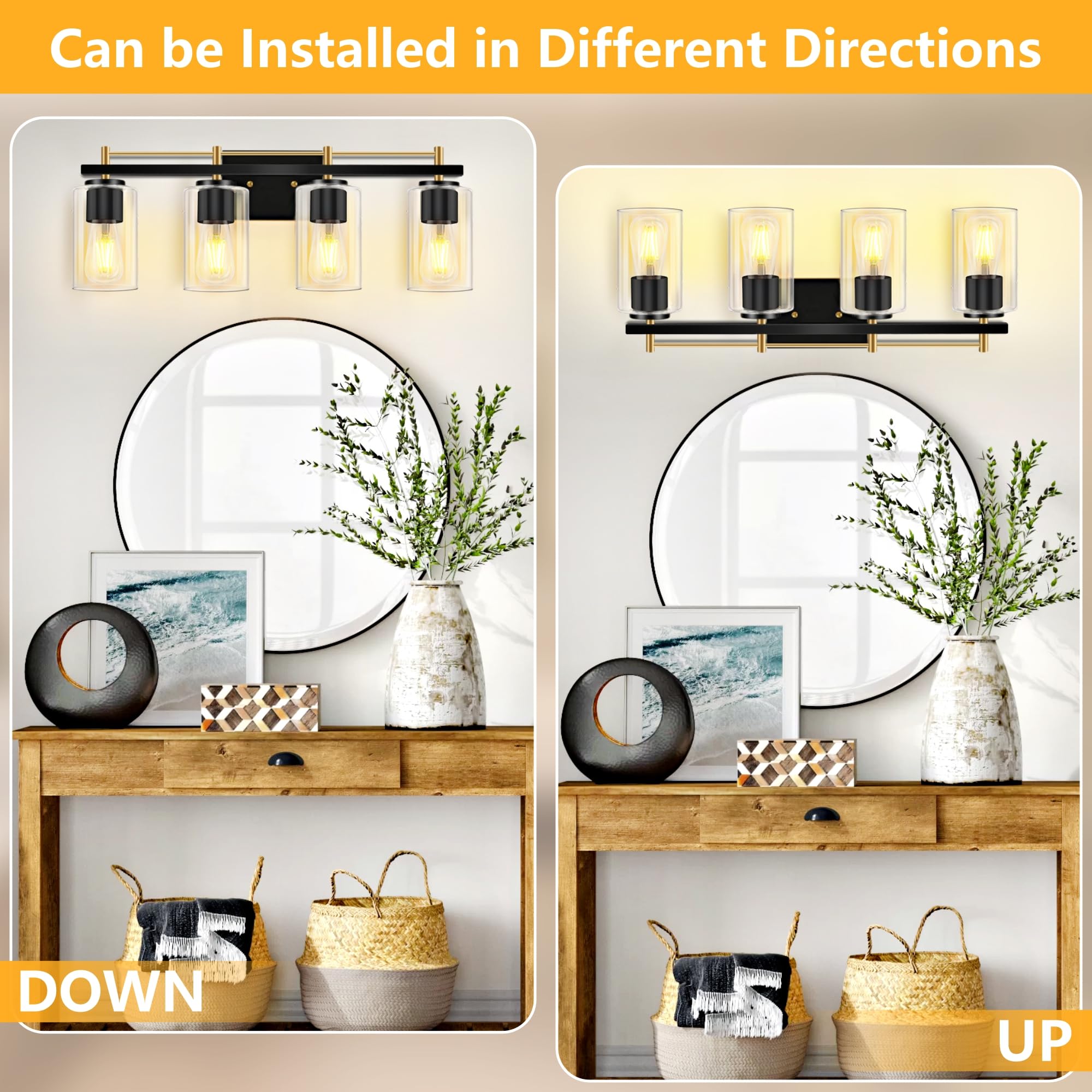 LETRY Bathroom Vanity Light Fixture, 4-Light, Iron, Black and Gold, Model BL-4-BG, Clear Glass Shade for Mirror