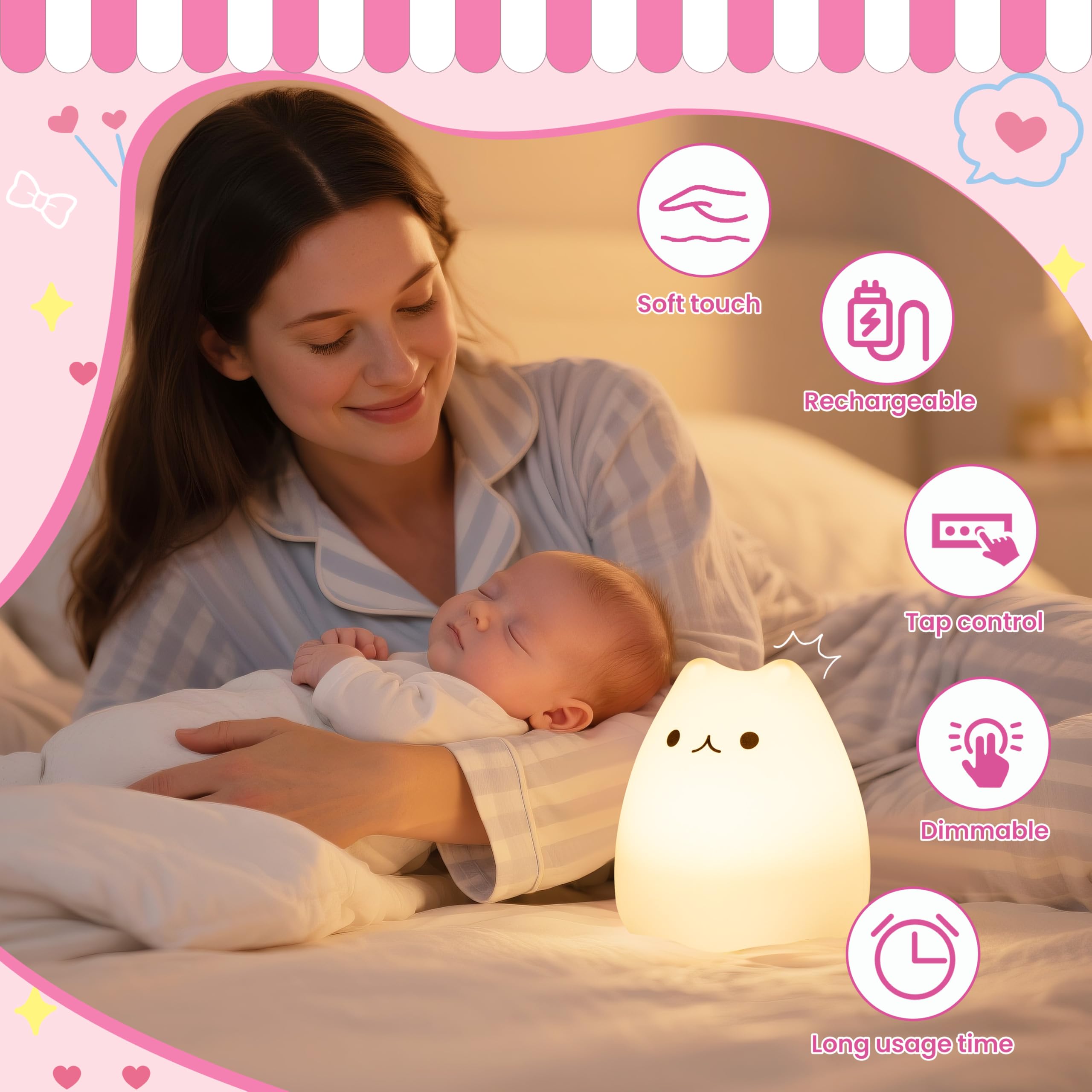Loatme Night Light For Kids  Cute Cat Squishy Silicone Lamp With 2 Levels Of Brightness  Kawaii Touch Nightlight For Room Decor  Perfect Gifts For Baby  Girl  Boy  Toddler  Nursery