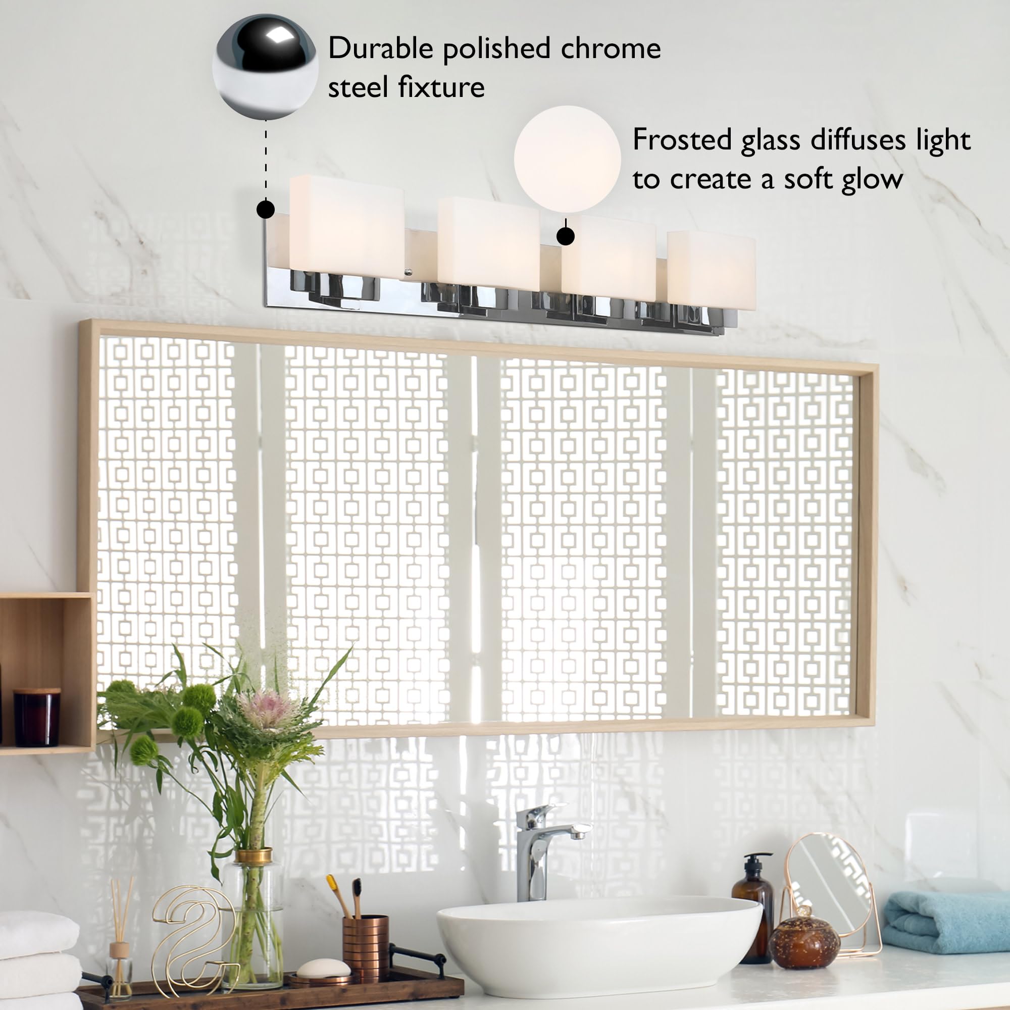 Design House 4-Light Bathroom Vanity Light Fixtures, Dimmable, Frosted Glass, Polished Chrome, Model 589671