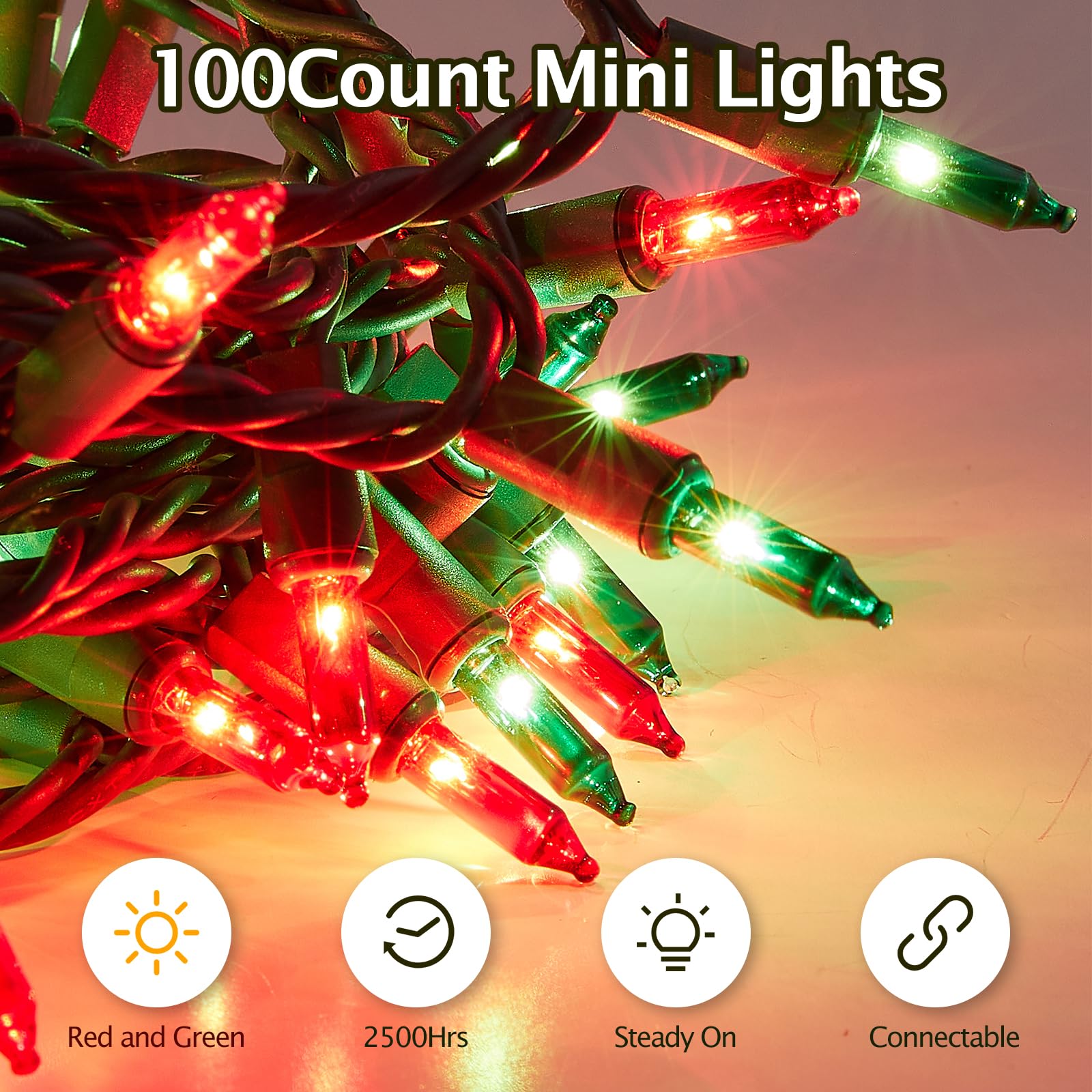 Dirnun Red And Green Christmas Lights 100 Count Incandescent Lights Ul Certified Connectable Christmas Tree Lights With Green Wires For Indoor Outdoor Xmas, Wedding, Holiday, Party, Home Decorations