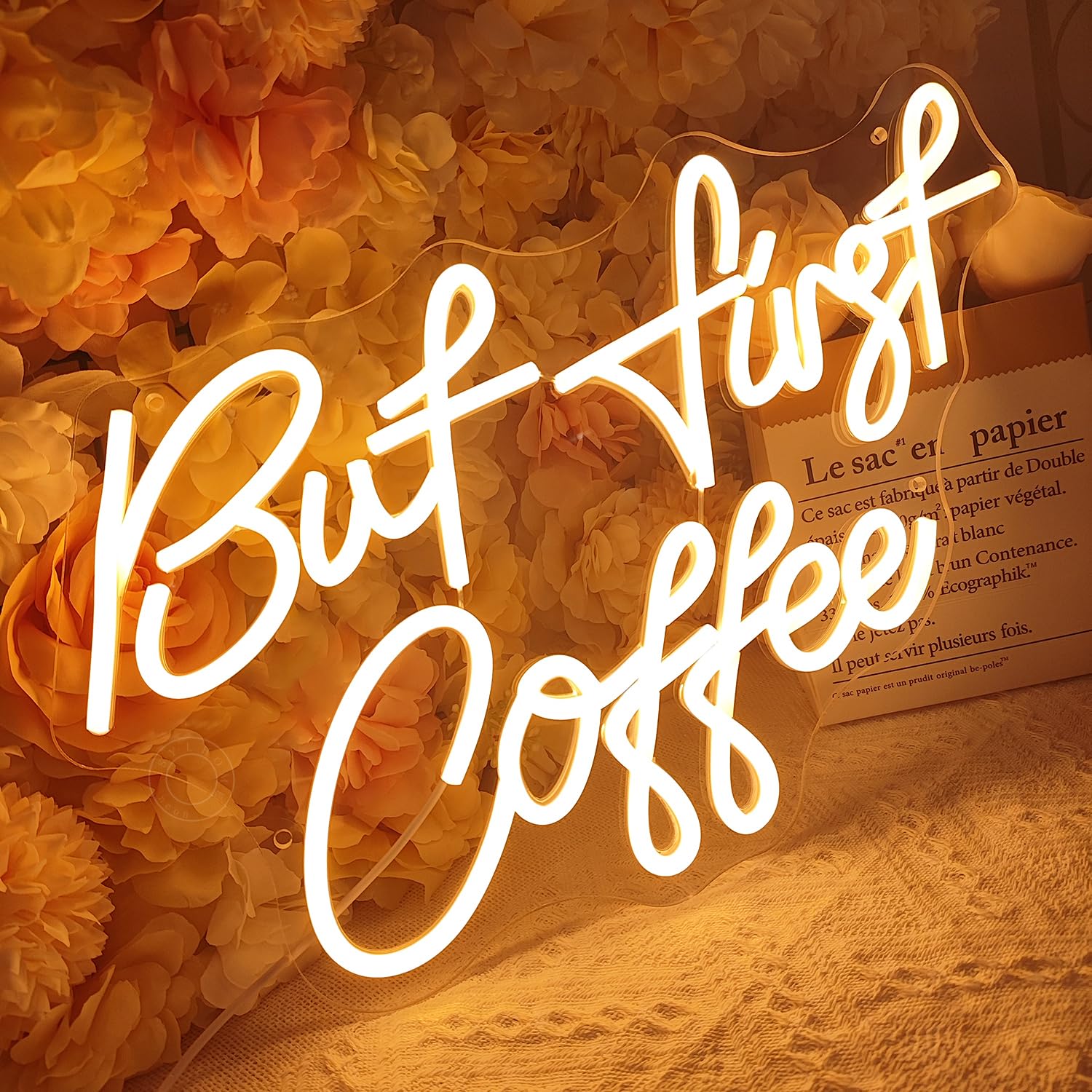 SYLHOME Neon Light Sign, inBut First Coffeein, Warm White, USB Powered, 17in x 10.2in, Model NS-ZF12V-AMZ-ButFirstCoffee-WW