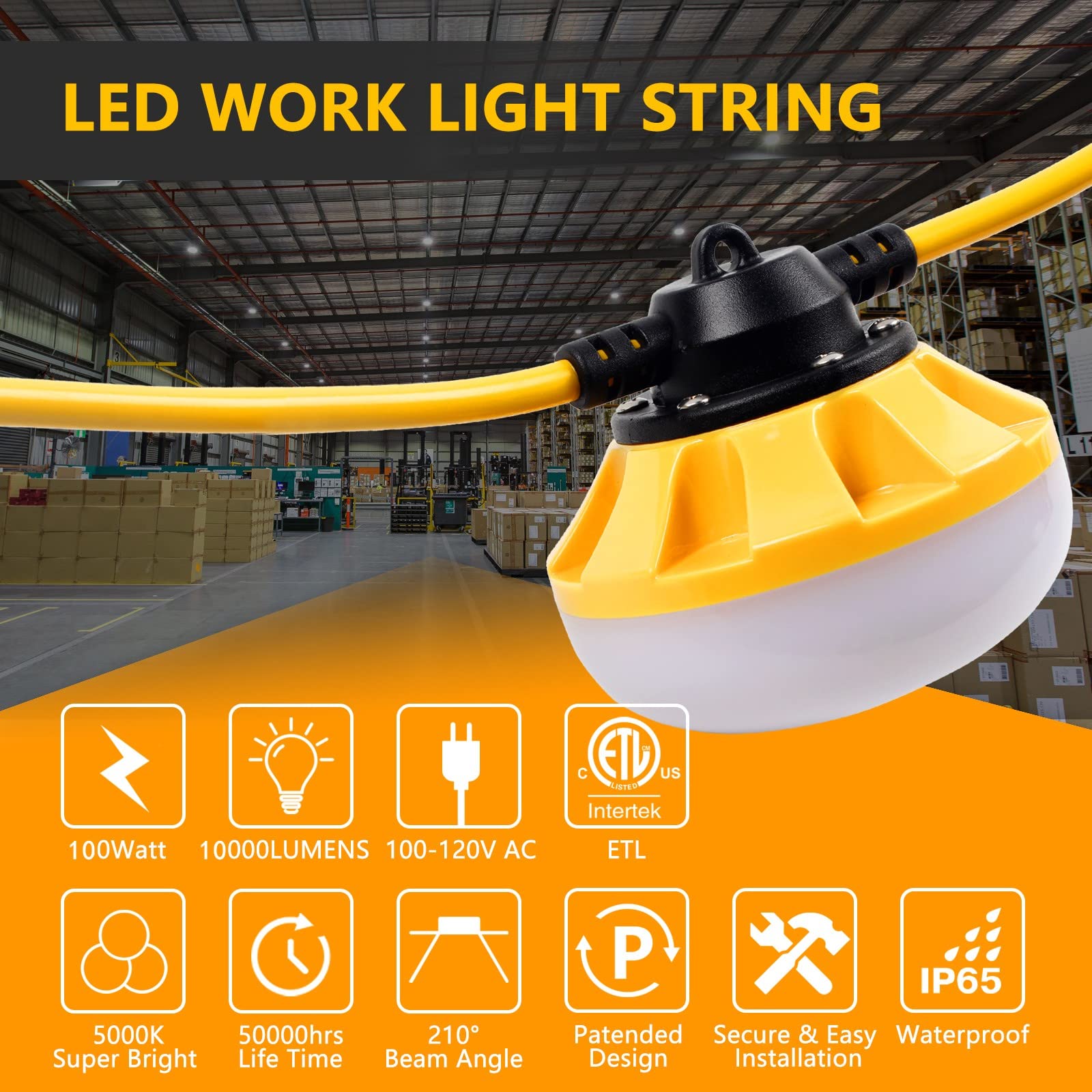 Muasdae 100FT LED Construction String Lights, Yellow, Industrial Grade, Model CSL-716-A, Ideal for Outdoor Lighting Solutions