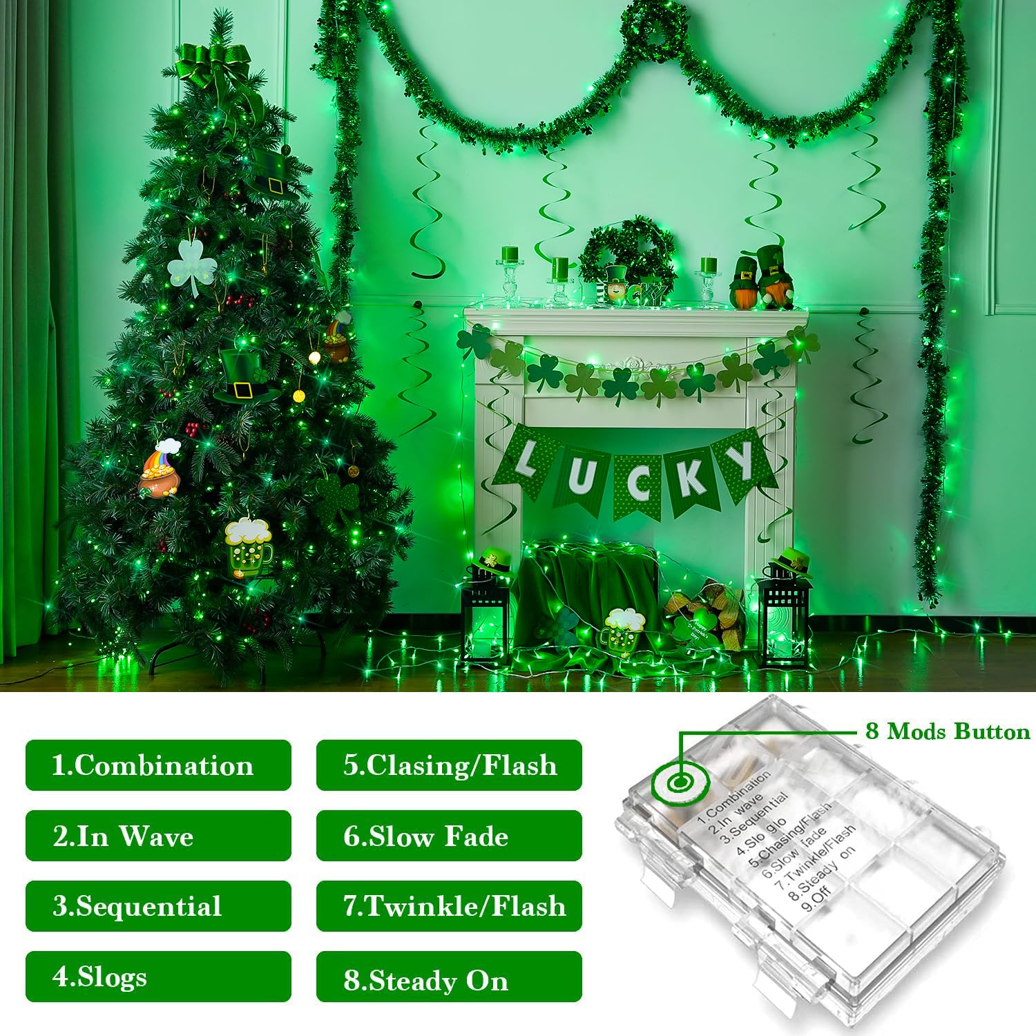 Jmexsuss Green Battery Operated Halloween Lights, 33Ft 100 Led Battery Operated Christmas String Lights, Twinkle Fairy Mini Lights With 8 Modes Remote Indoor Outdoor Waterproof For Halloween Dec.