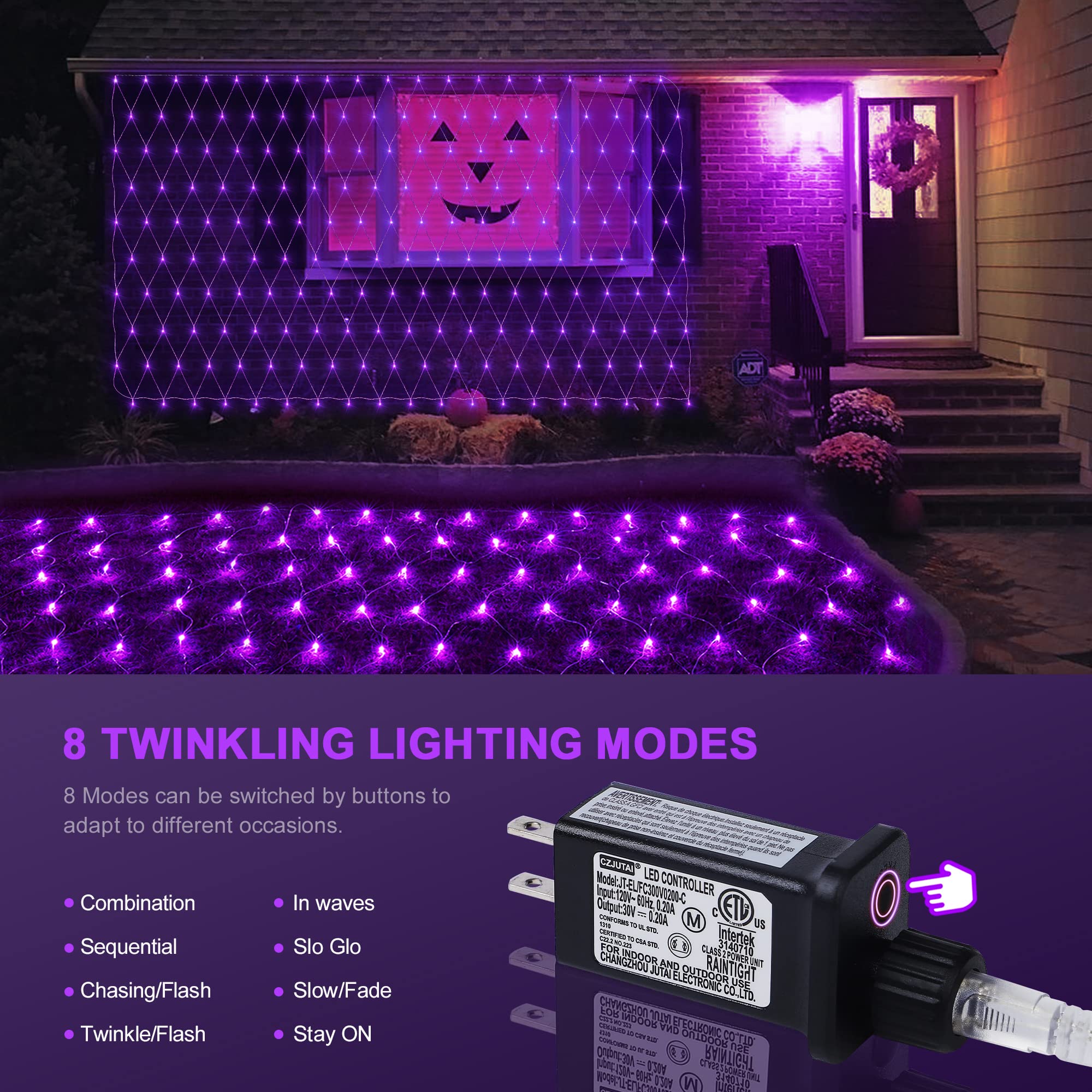 woohaha Outdoor Christmas Net Lights, 192 LED Fairy String Light, 9.8FTx6.6FT, 8 Lighting Modes, Purple, Model QX-U-O-N-192