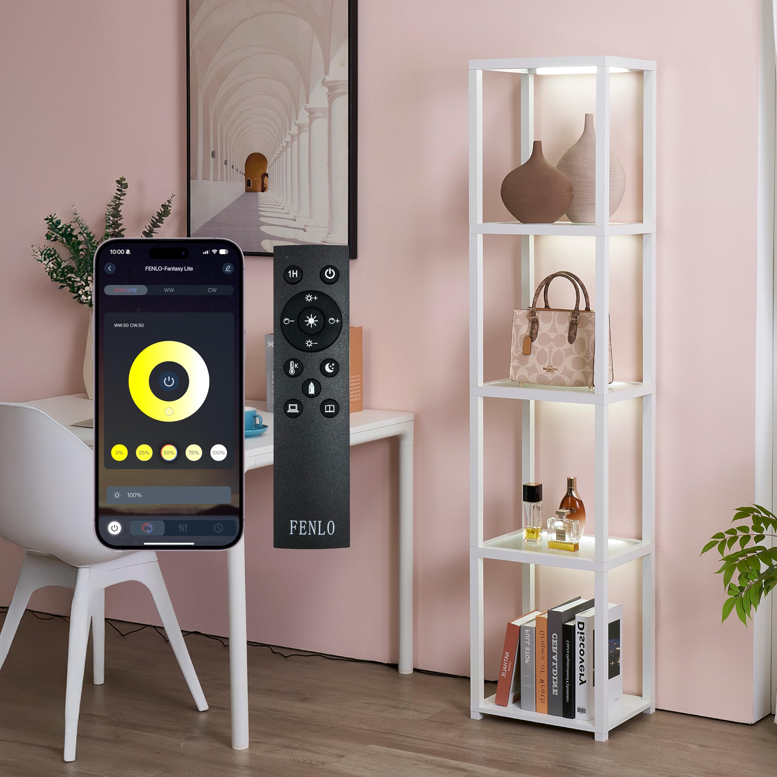 Fenlo Led Display Shelf Unit - Dimmable Lighted Furniture For Bedroom, Living Room, Or Office - Glass Curio Cabinet Shelf Lamp W