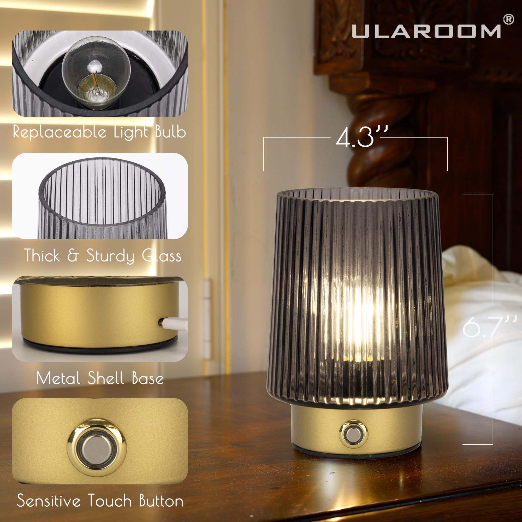 Ularoom Cordless Lamp Rechargeable Battery Operated Lamp, Glass Small Table Lamp - Portable Dimmable Brightness Touch Wireless B