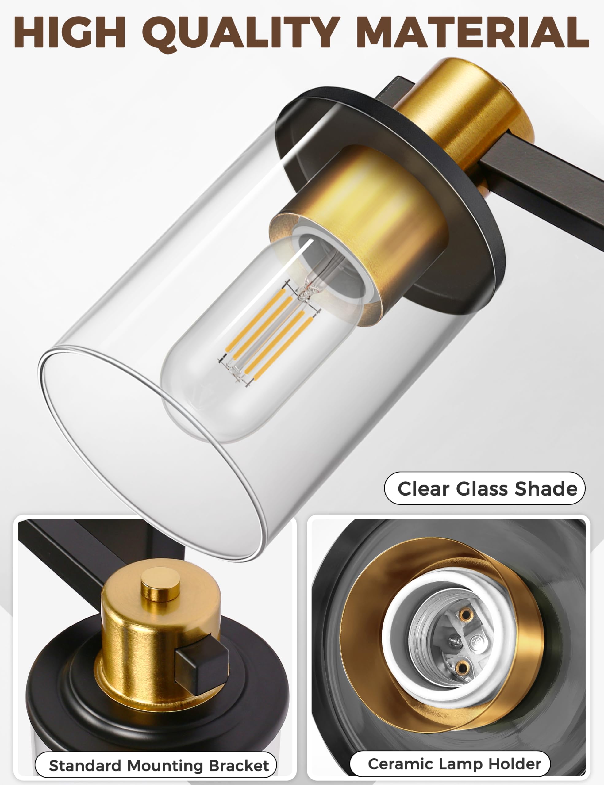 Doresshop 5-Light Udgraded Black And Gold Bathroom Light Fixtures, Modern Bathroom Lights Over Mirror With Clear Glass Shade, Va