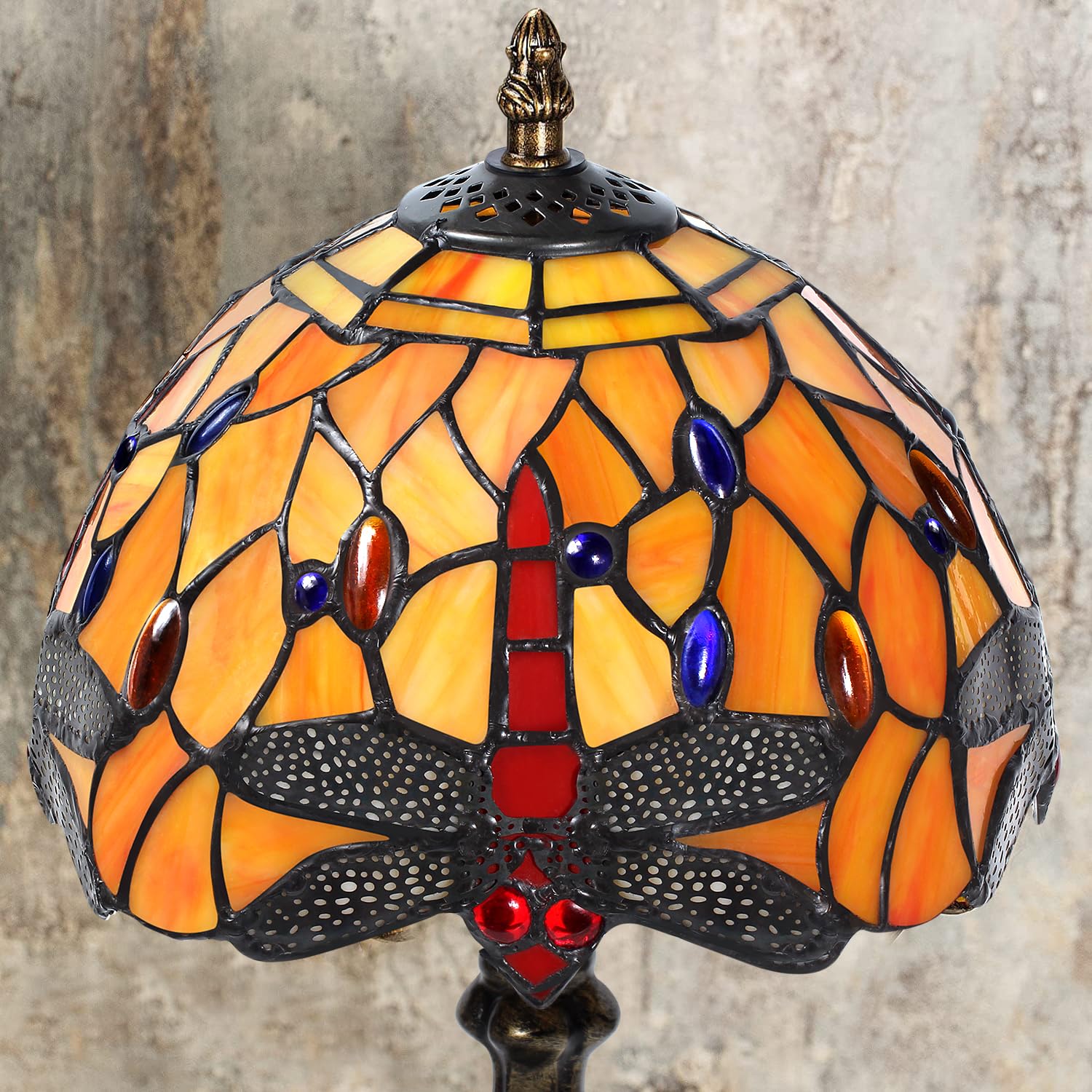 MIAOKE Stained Glass Table Lamp, Antique Dragonfly Design, Handmade Night Light for Living Room, Orange Color