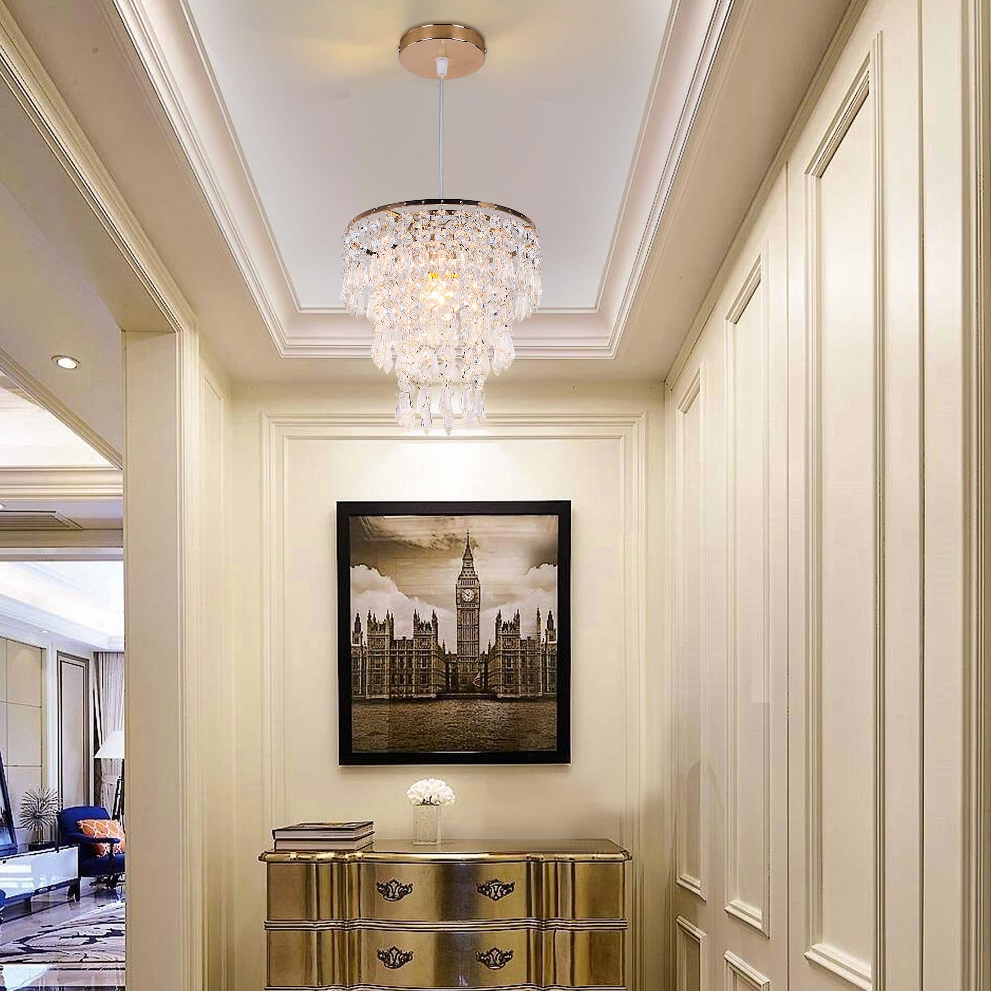 FRIXCHUR Small Gold Chandeliers - Modern Raindrop Crystal Ceiling Light Fixture, H48'', Polished Gold, Ideal for Bedroom & Hallway