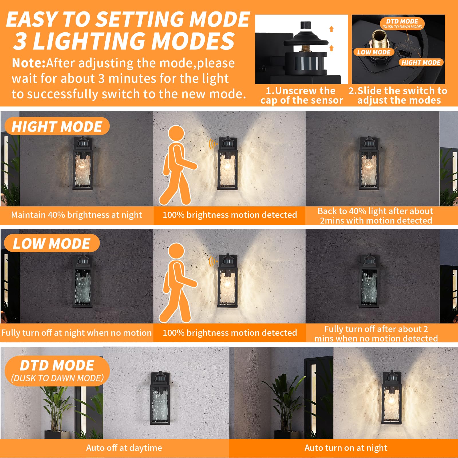 Mdenlt 2 Pack Motion Sensor Outdoor Wall Lights,Updated Dusk To Dawn Outdoor Lighting, Exterior Light Fixtures Wall Mount With W