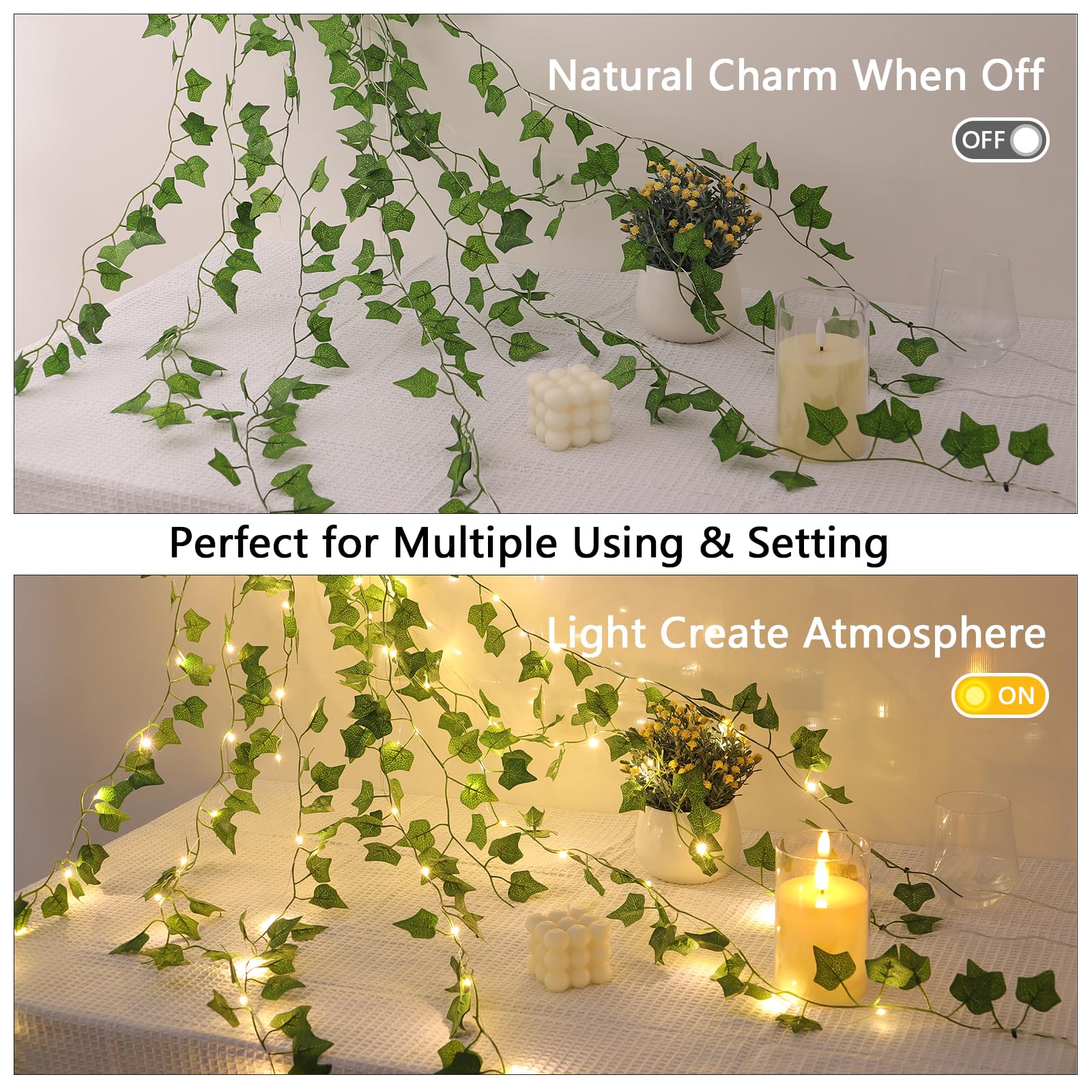 JOLAIQIAN Battery Operated LED Vines with Lights, 6.56ft, 20 Fairy Lights, Green Ivy, 8 Modes, Room and Party Decor, 1 Pack