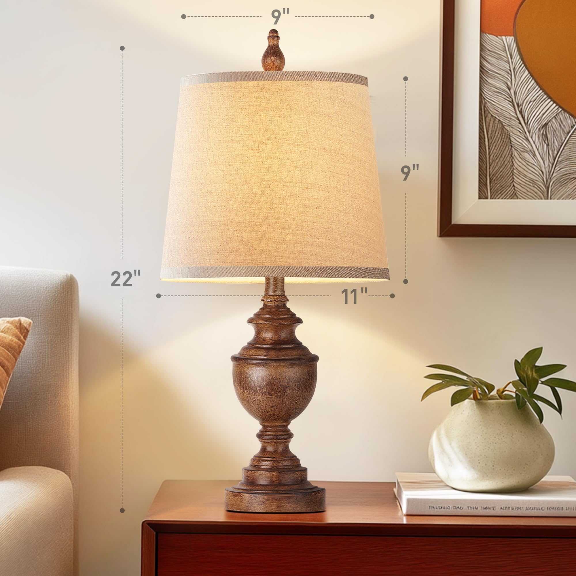 PARTPHONER Retro Table Lamps Set of 2, Vintage Nightstand Lamps, Wood Grain, Resin, White Shades, Model PALP453AO2