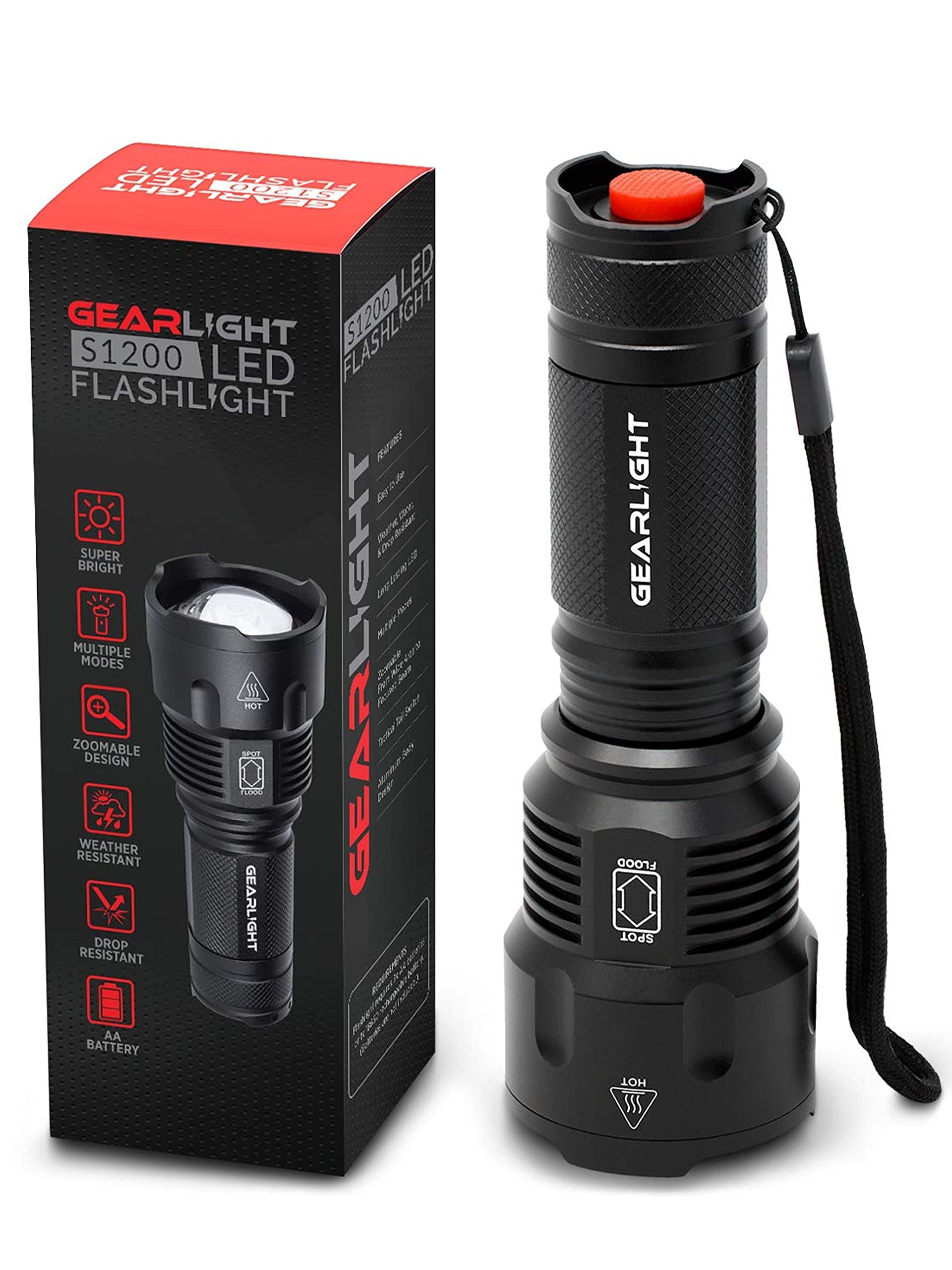 GearLight High-Powered LED Flashlight S1200 - Mid Size, Zoomable, Water Resistant, Handheld Light - High Lumen Camping, Outdoor,