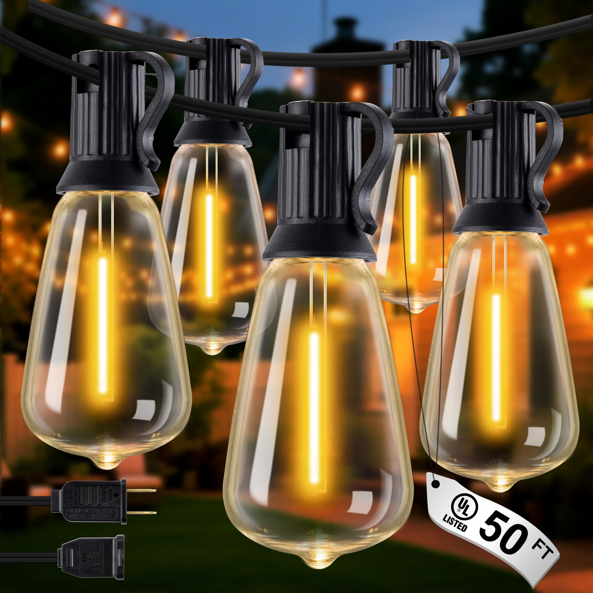 DELITOR Patio String Lights Plug in 50FT LED Outdoor String Lights with IP65 Waterproof 27 Bulbs, Connectable Dimmable Edison ST