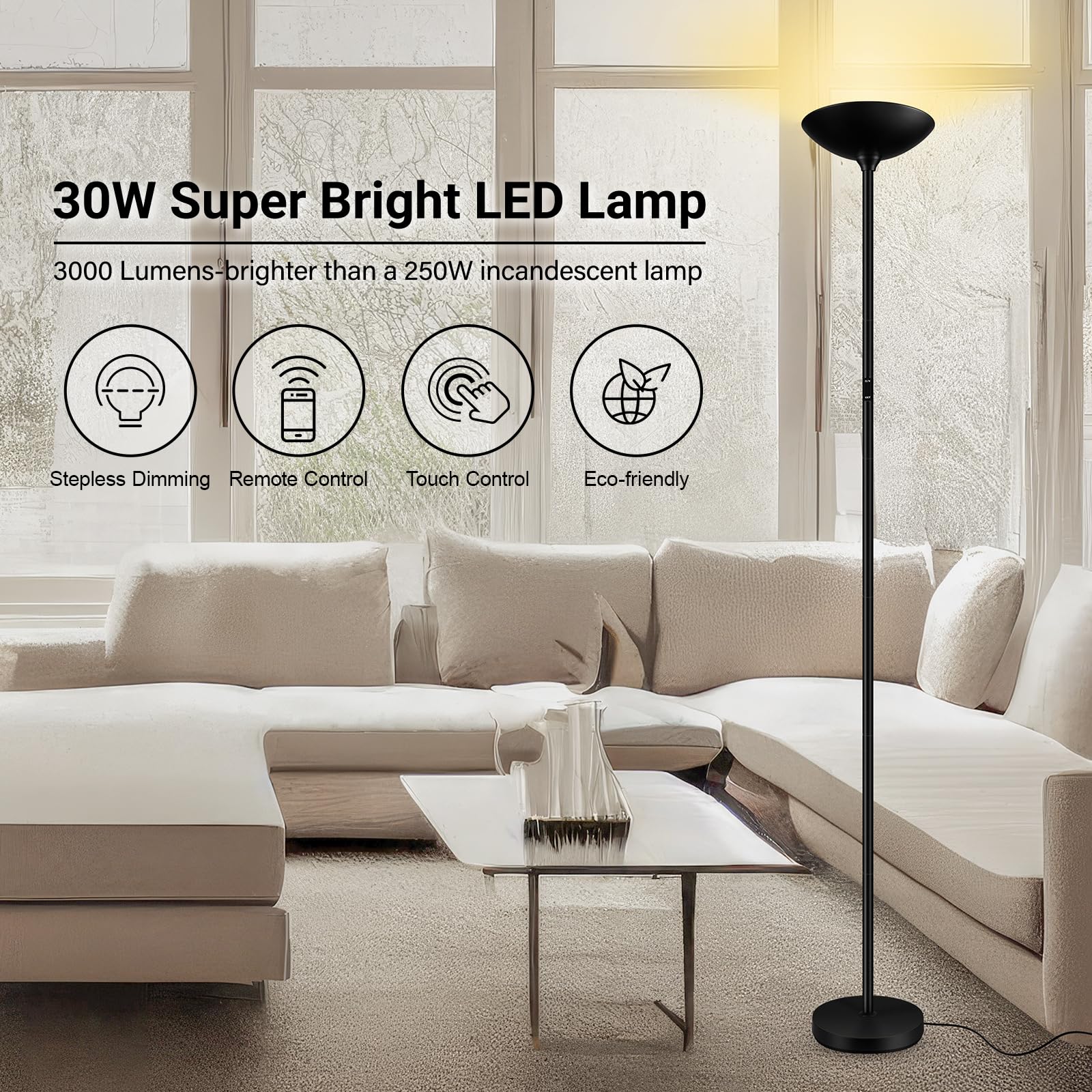 Boostarea Dimmable Floor Lamp,30W 3000Lm Super Bright Led Torchiere Standing Lamp With Remote & Touch Control,71 In Tall Pole Sk