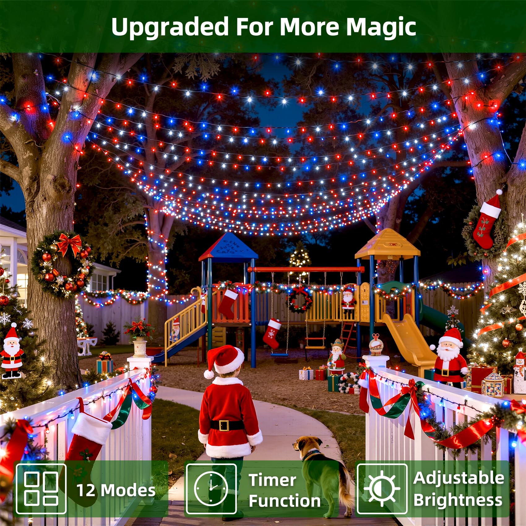 QUHUATU 300LED Christmas Lights, 75ft Red White & Blue String Lights with Timer, 12 Modes for Indoor Outdoor Decor, Model WX-300L