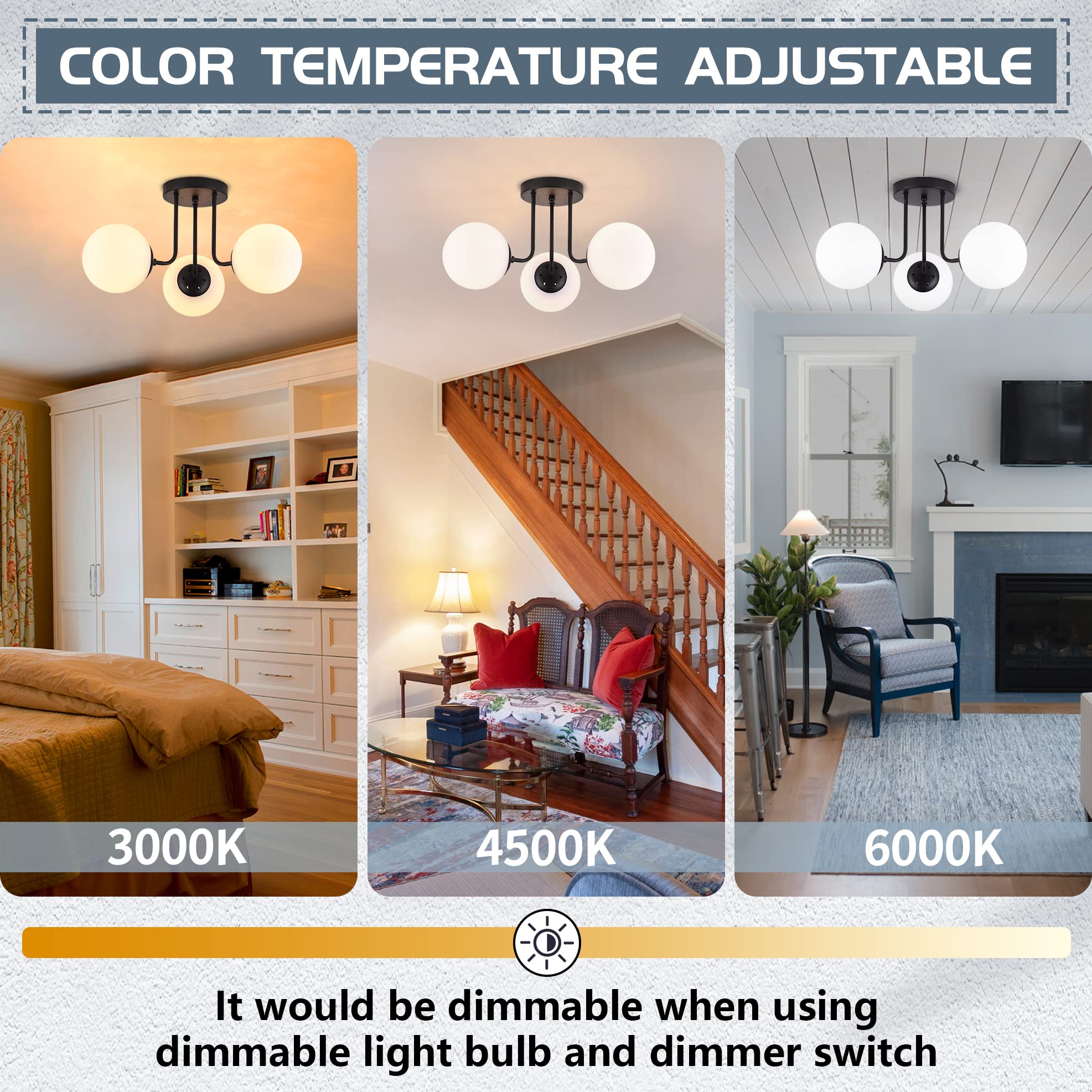 Koko&Yukina 3-Light Semi Flush Mount Ceiling Light With Opal Milk Glass Globe & Matte Black For Bedroom, Hallway, Entryway, Kitc