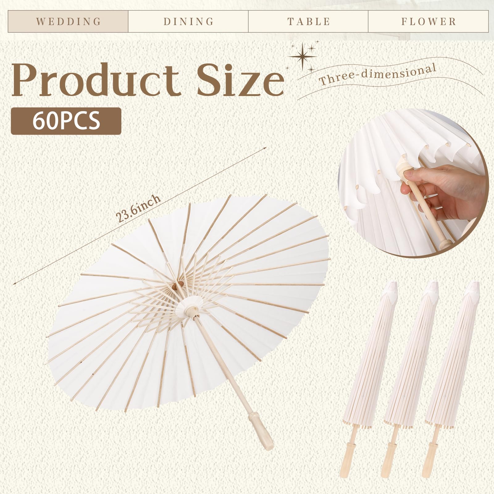 Mbjzsl 60 Pack White Paper Umbrellas, 23.6 Inch Paper Parasol Umbrella Chinese Japanese Style Diy Umbrellas Decorative Vintage D