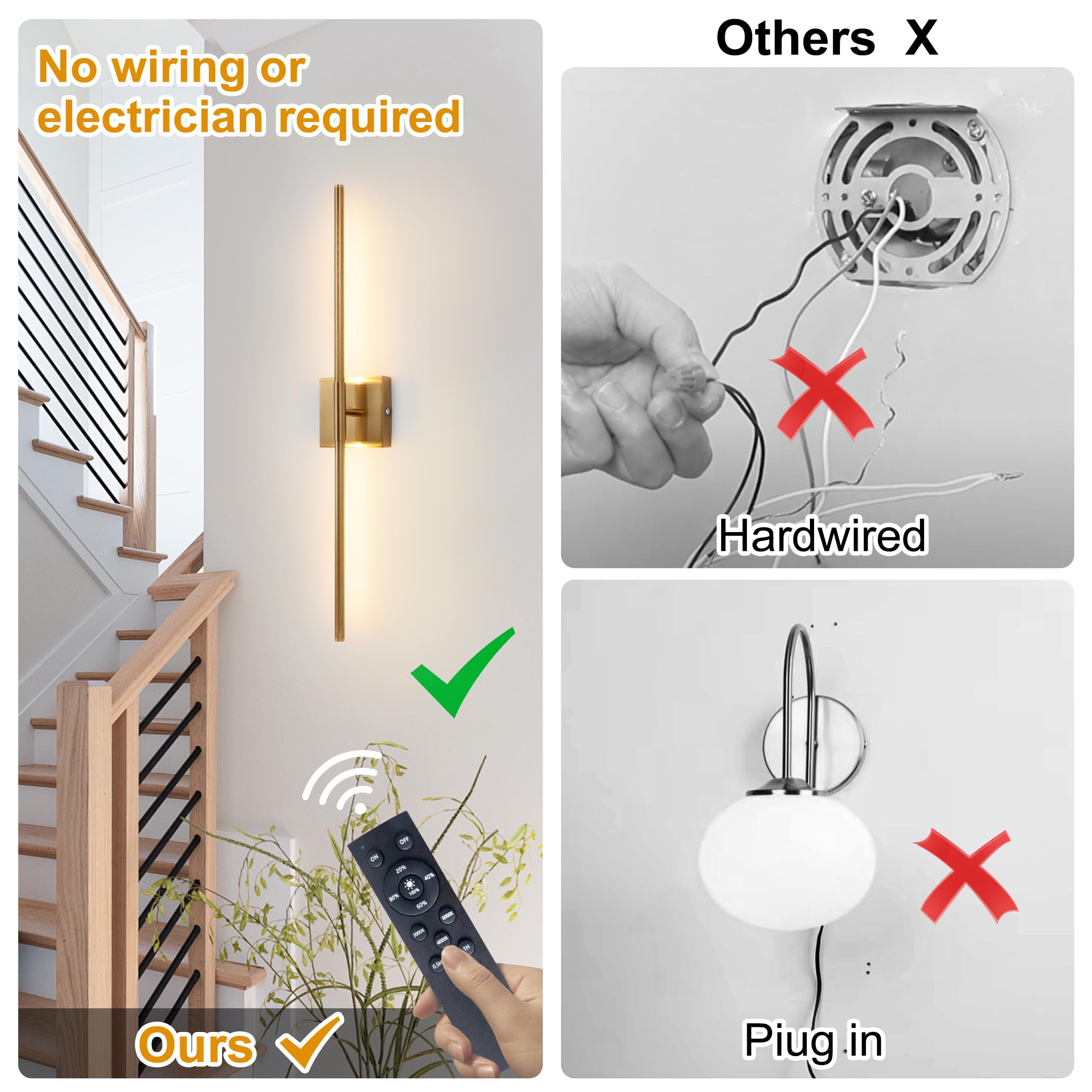 15800 mAh Battery Operated Wall Sconce with Remote Control Dimmable Wall Sconce Set of Two 3000K LED Brass Gold Wireless Wall Li