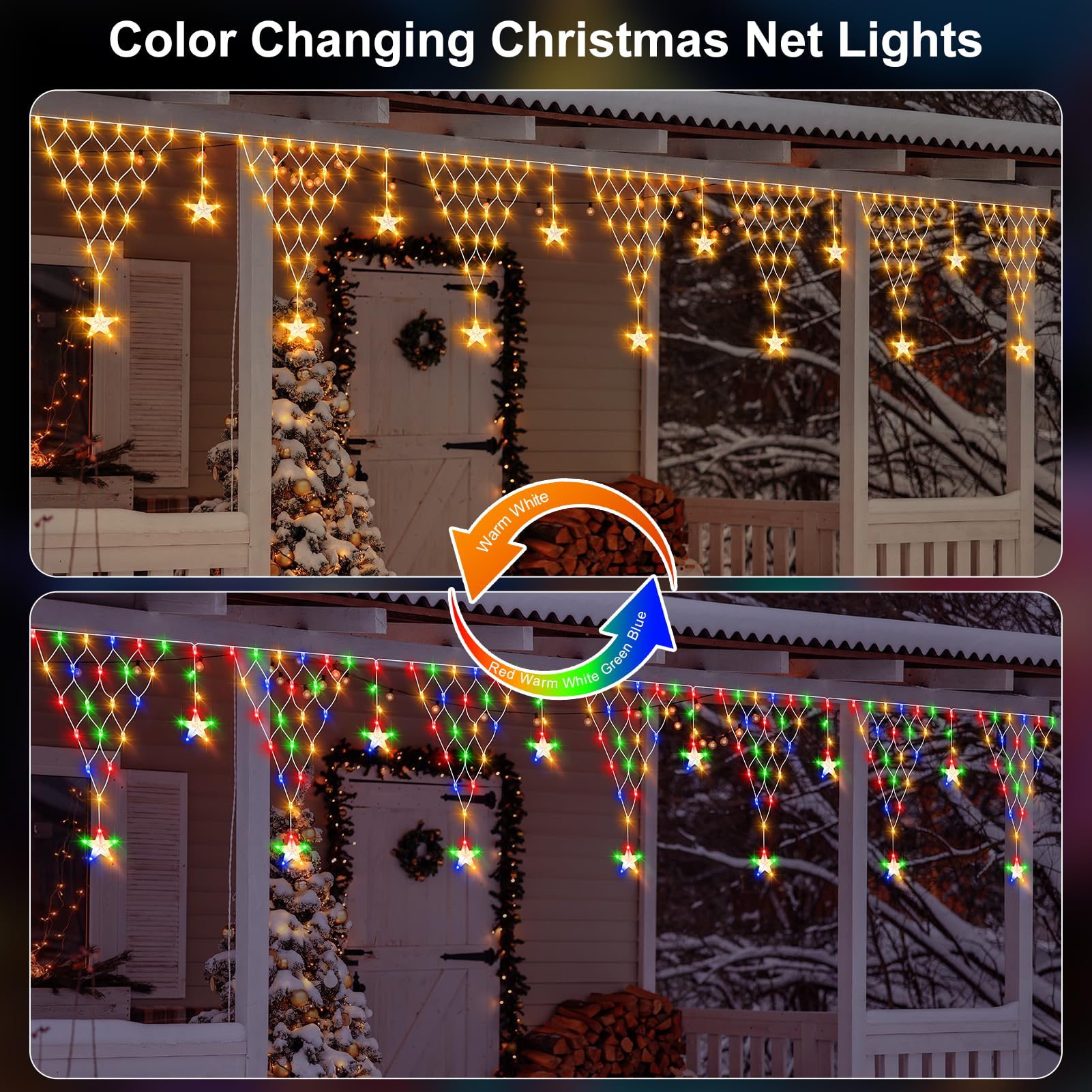 DBFAIRY Christmas Star Net Lights, 196LED, Dual Color Changing, 13.1x1.9Ft, Waterproof, Plug-in, Warm White & Multicolor, Model DMO