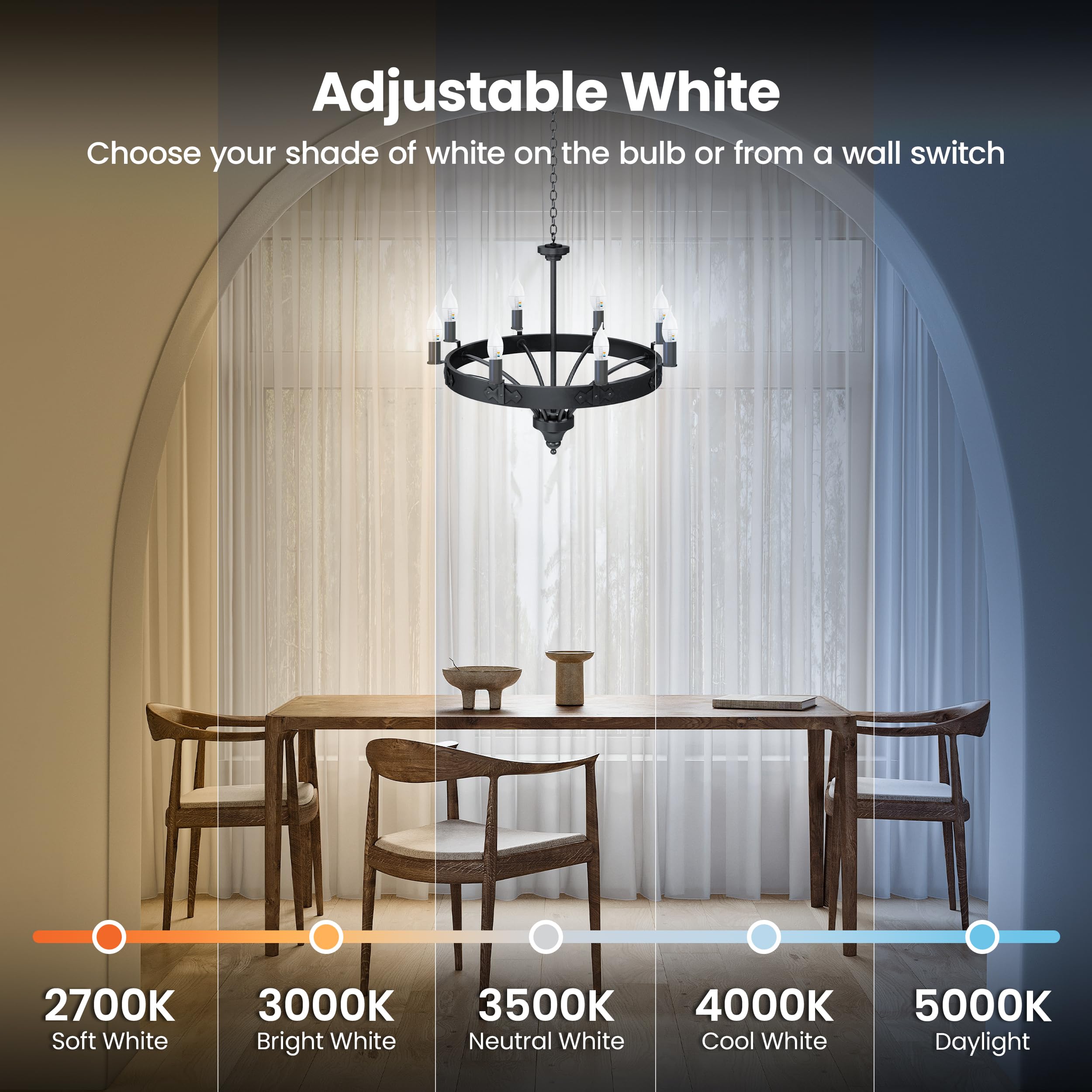 Feit Electric CA10 LED Candle Bulb, 40W Equivalent, Dimmable, 6-Way Color Selectable, E12 Base, 450 Lumens, 2 Pack