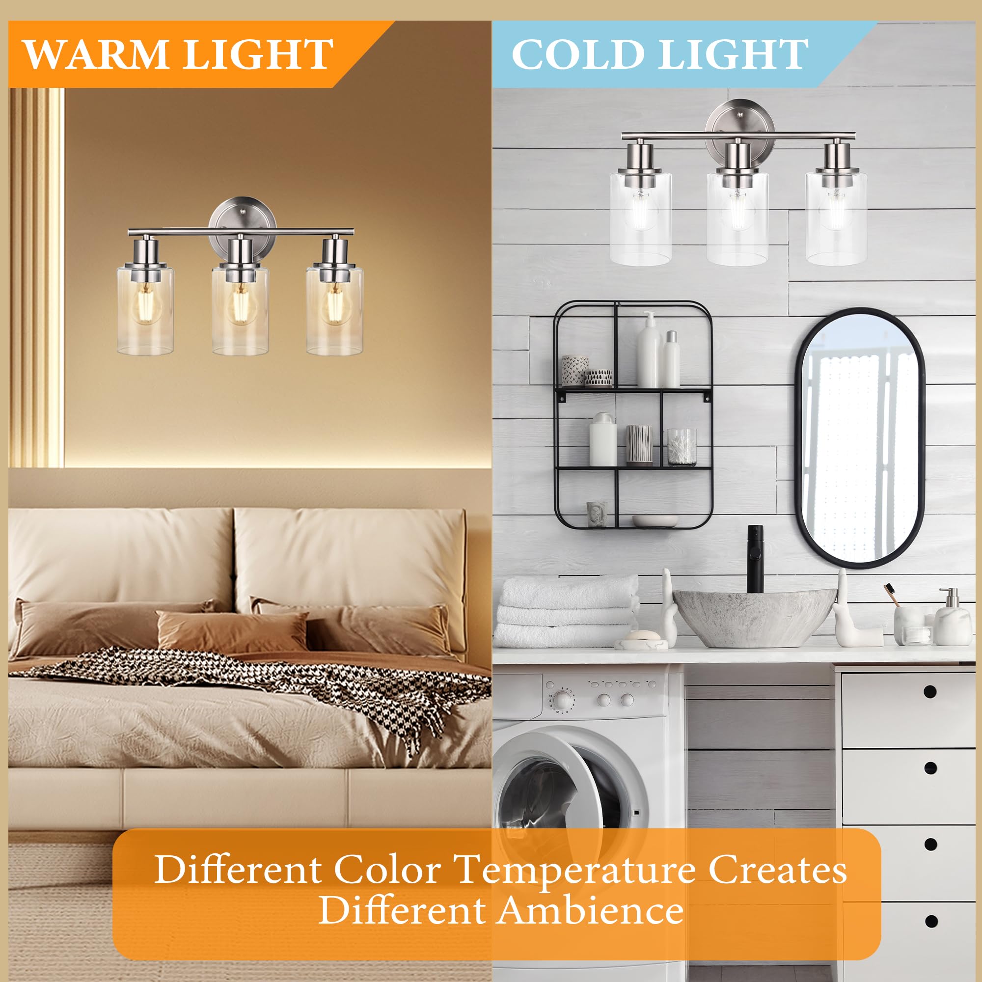 Faymart Lighting Brushed Nickel 3-Light Vanity Light Fixture, Glass and Metal, Model FML-BN-3L-W-S
