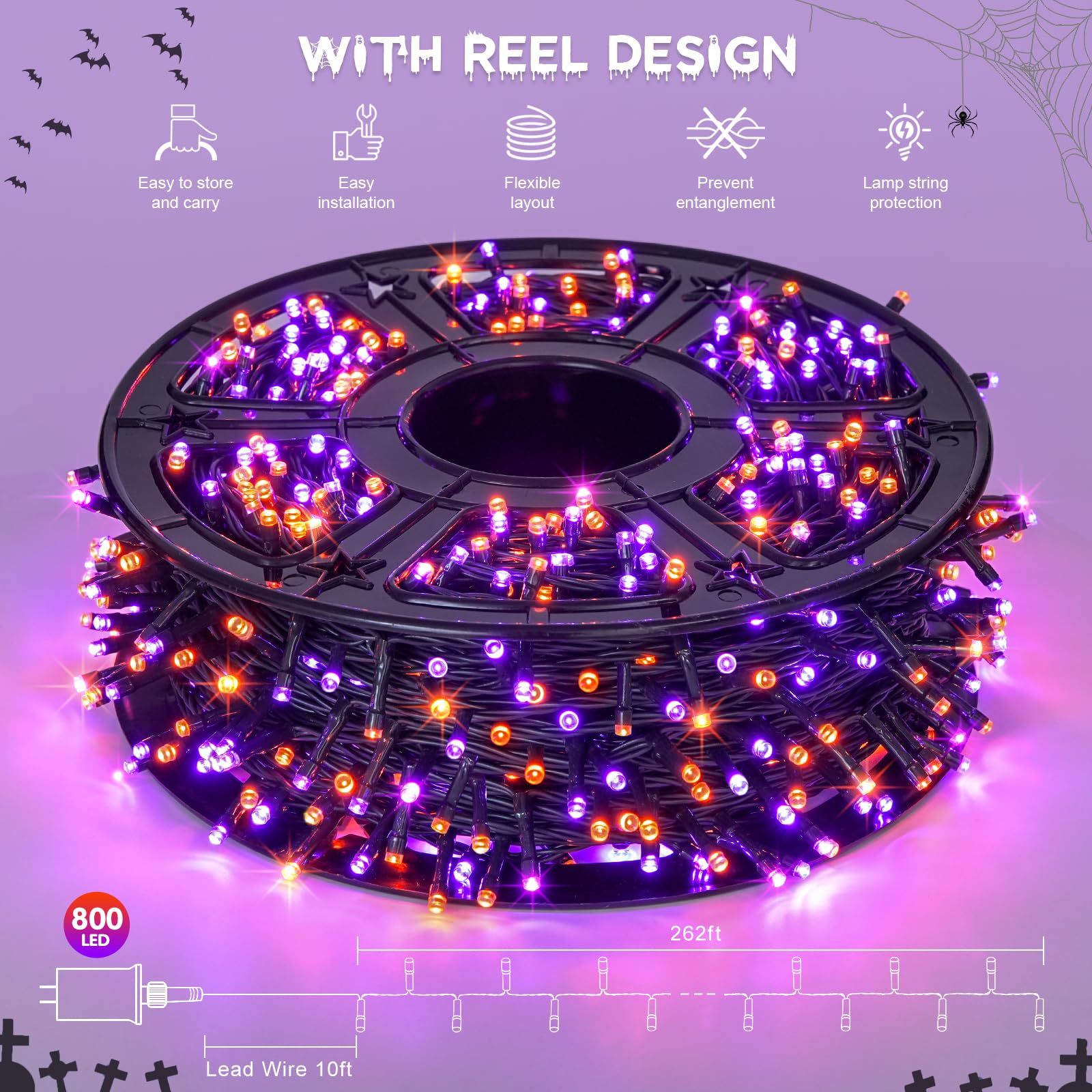 JMEXSUSS Halloween String Lights, 800 LED, 272ft, Waterproof, 8 Modes, Orange & Purple, Model EXS-S-0800