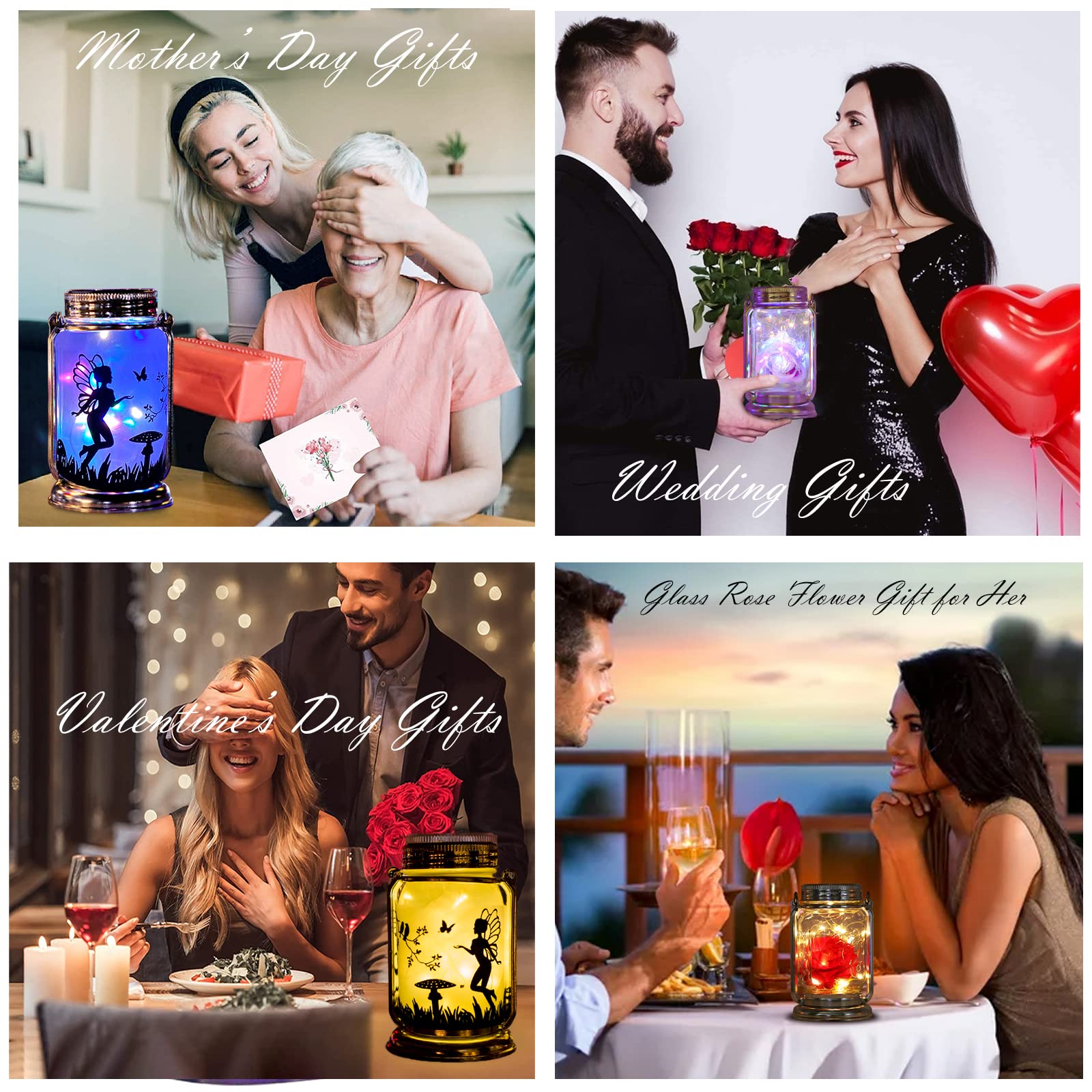 Angmln Romantic Rose In Glass Mason Jar Solar Powered - 2 Pack Enchanted Rose Gift For Her Light Up In Glass Lantern, Valentine'