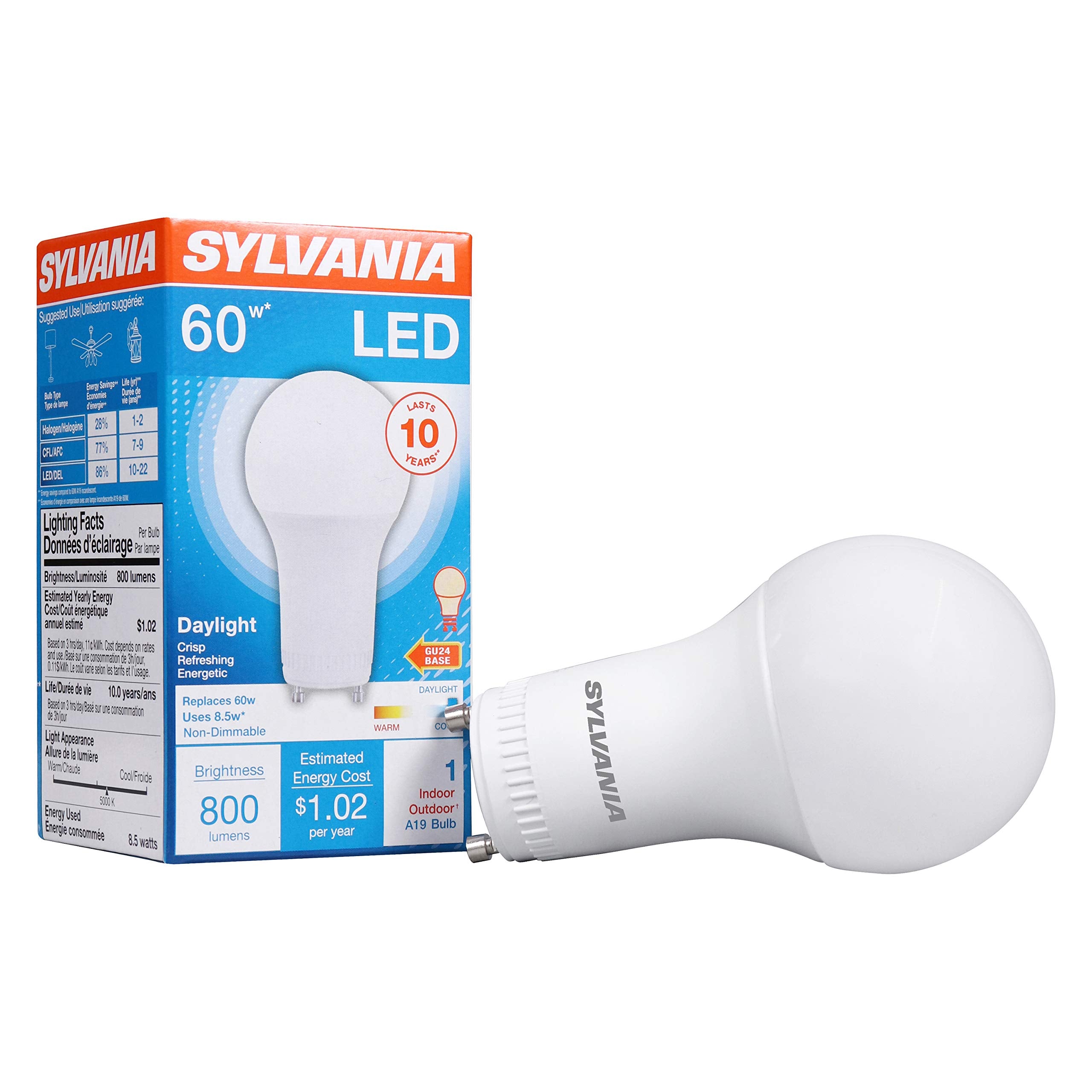 Sylvania Led Light Bulb, 60W Equivalent A19, Efficient 8.5W, Gu24 Bi-Pin Base, Frosted Finish, 800 Lumens, Daylight - 1 Pack (78
