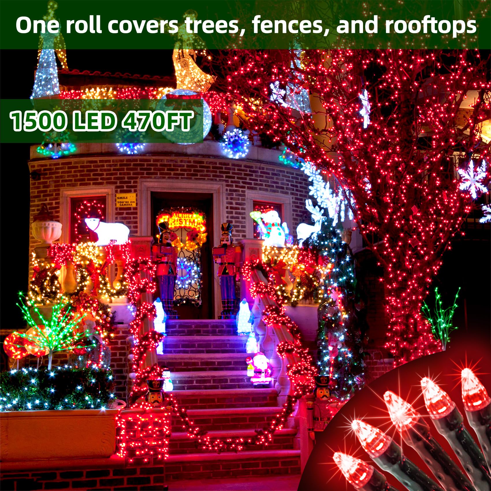 Quhuatu 1500 Led 470Ft Christmas Lights Outdoor 12 Lighting Modes Christmas String Lights With Timer  Dimmable Plug In Red Led Stringlights Waterproof For Yard Tree Wedding Party Holiday Red
