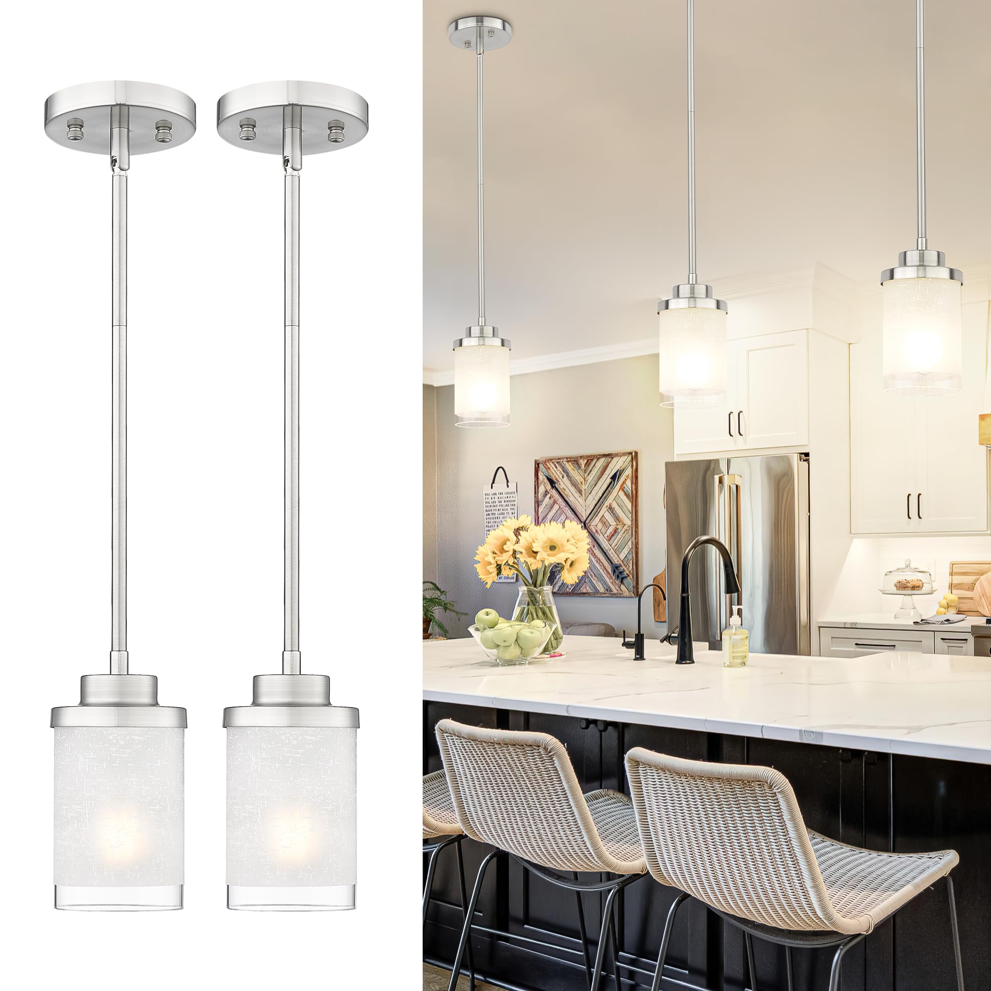 TENGXIN Modern Pendant Light, Brushed Nickel, Glass, 2-Pack, Model TXPLBN01-2PK