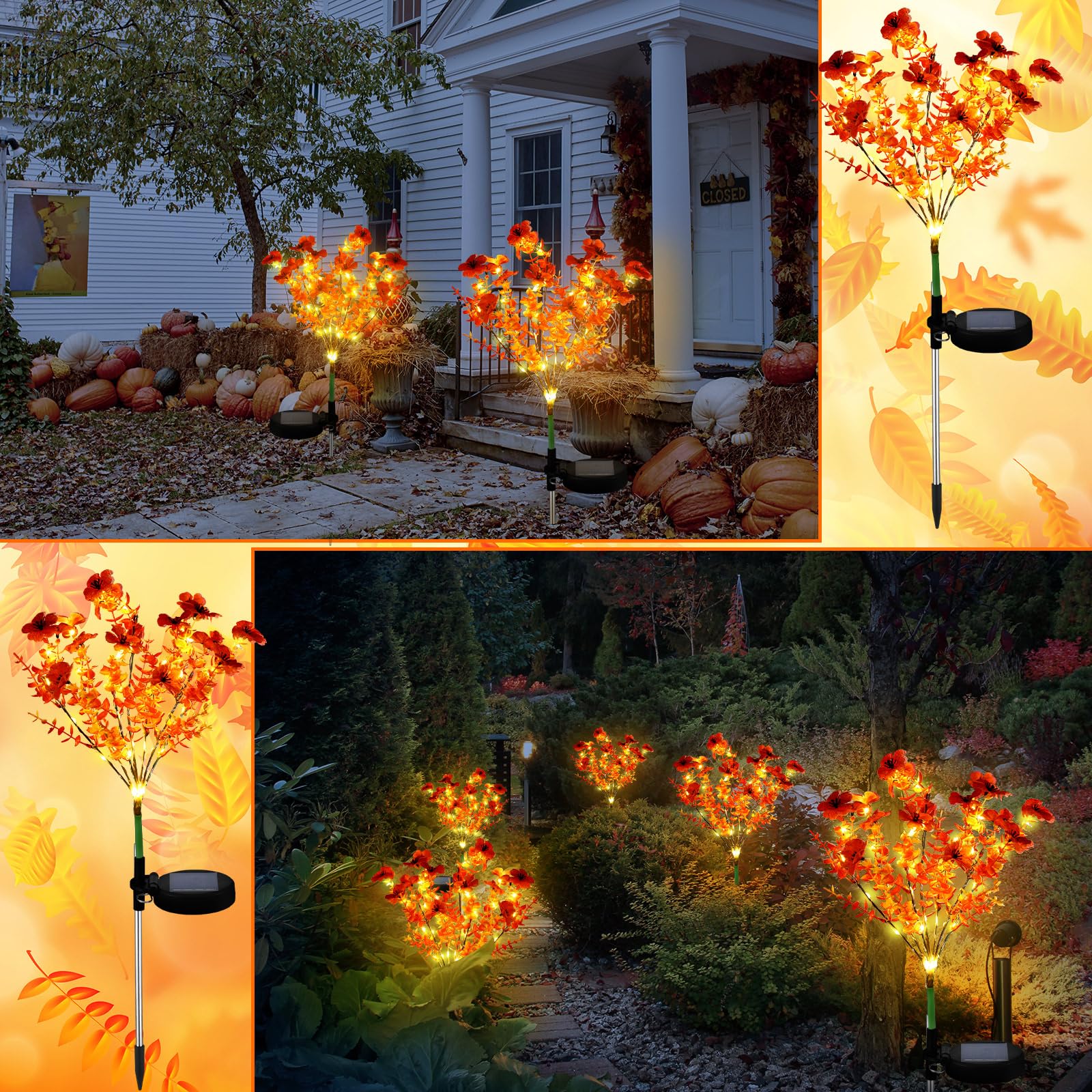 Glooglitter 2 Pack Fall Solar Stake Lights Thanksgiving Outdoor Decorations Waterproof Orange Mums Artificial Flowers Solar Lights For Outdoor Garden Yard Pathway Thanksgiving Fall Decor (Violet)
