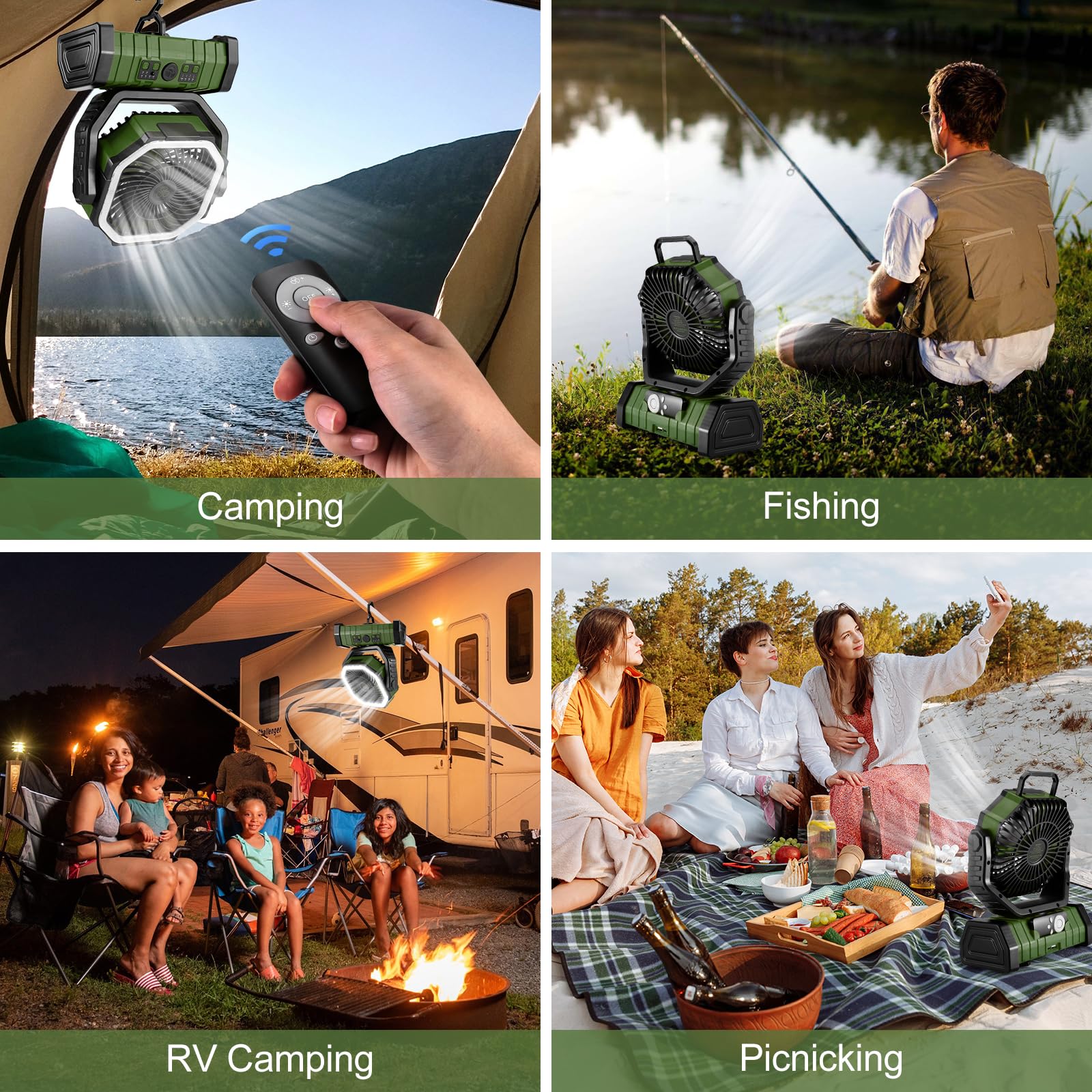 Odoland 30000mAh Camping Fan with LED Lantern, Oscillating, Remote, 11.2x8.7x4.3 inches, Green, Model OD0671G-