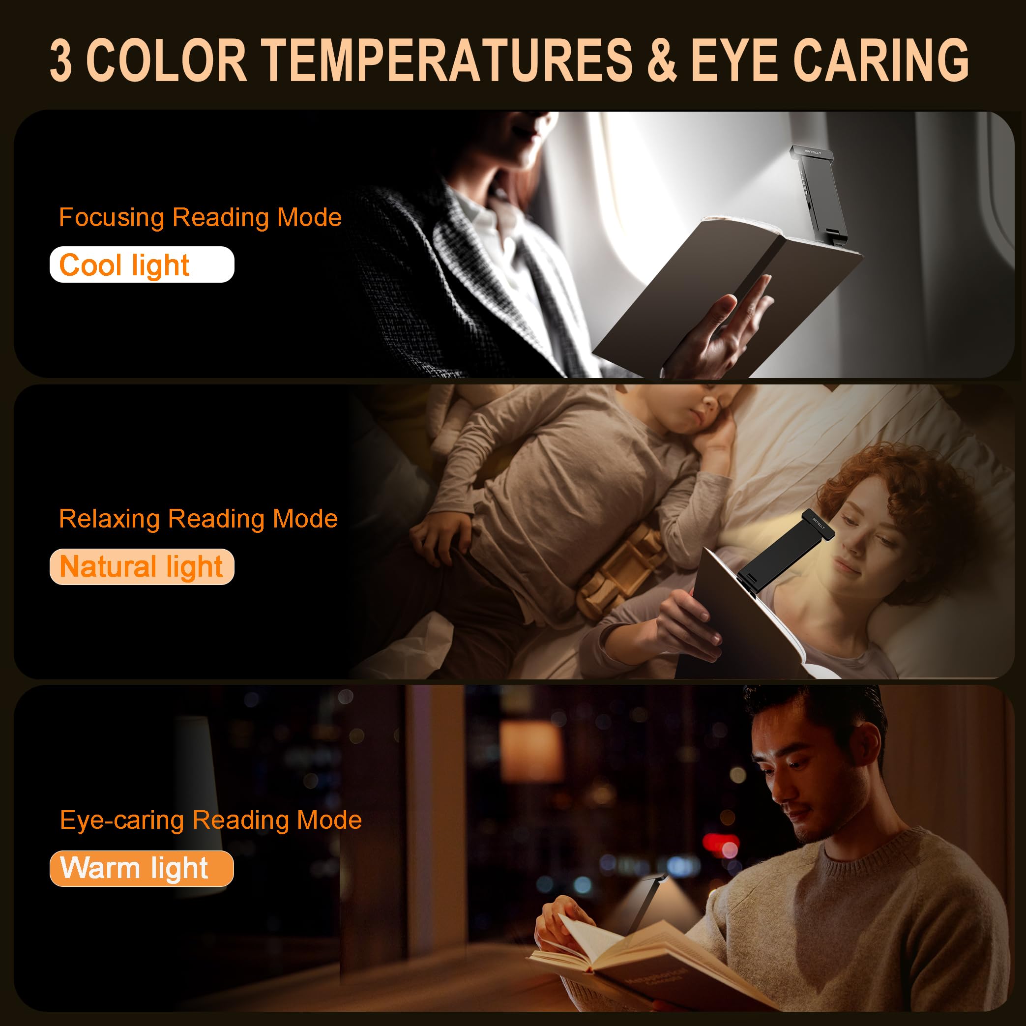SRTCLLT Book Light, Rechargeable 1500mAh, 3 Color Adjustable, 3 Brightness, Portable Night Lamp, ABS Material, Without Screen