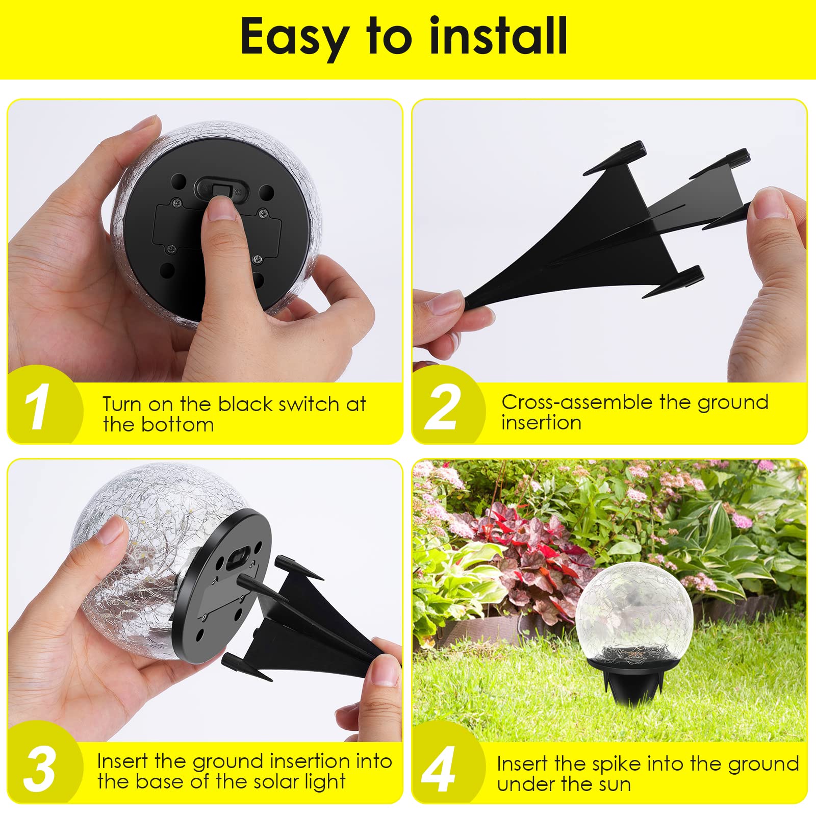 Keevvon Solar Garden Lights, 4 Pack 120 Led Warm White Cracked Glass Solar Outdoor Lights Decorative, Upgraded Waterproof Ball Lights For Yard Pathway Patio Lawn Christmas Outside Decor, 3.94&quot;