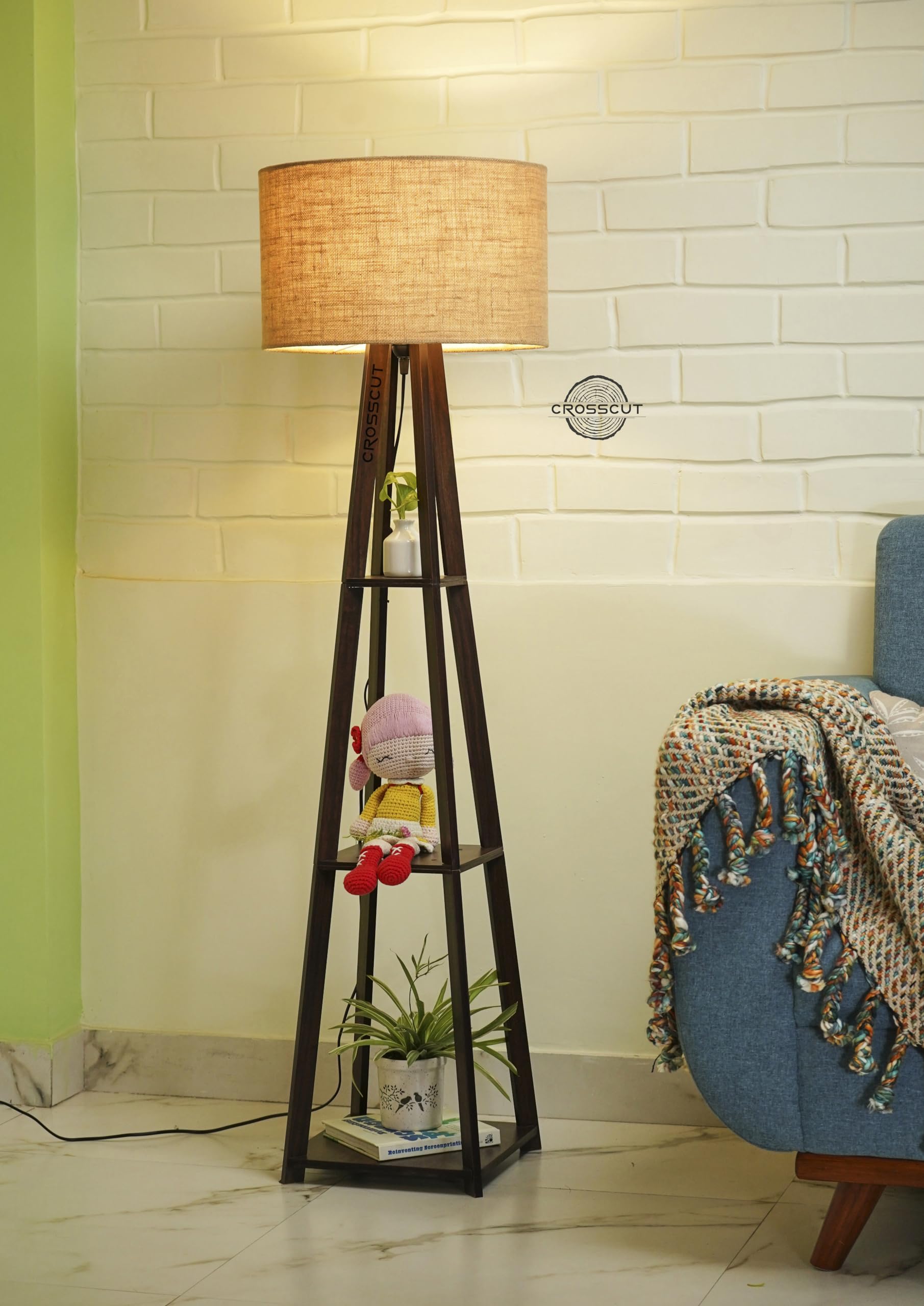 Crosscut Furniture Wooden Floor Lamp with shelf in Dark Finish (Natural Jute)