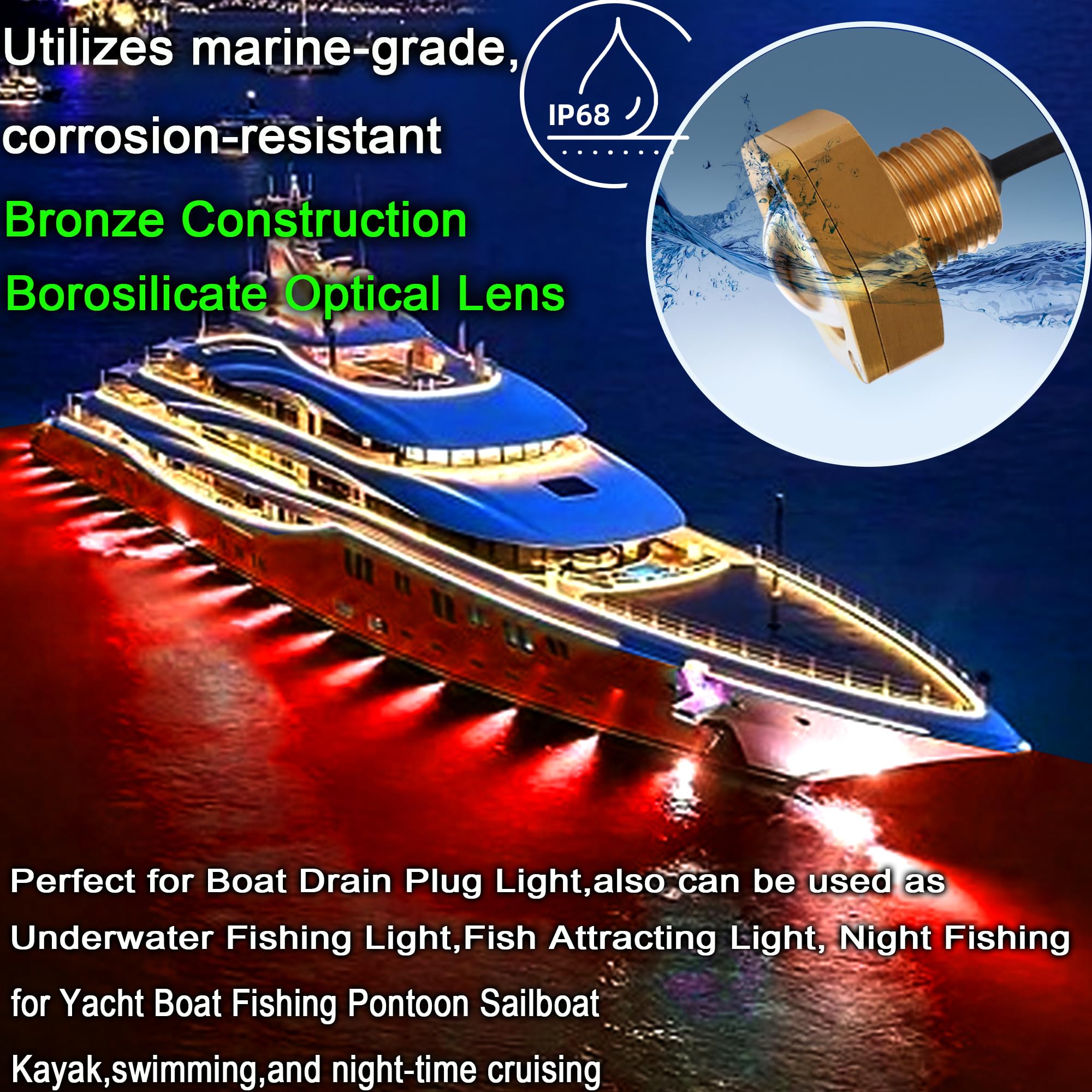 NBWDY Marine Boat LED Light - 2Pcs 4100LM IP68 Remote-Controlled, Red, Bronze Housing, Model RED2pc for Fishing and Diving