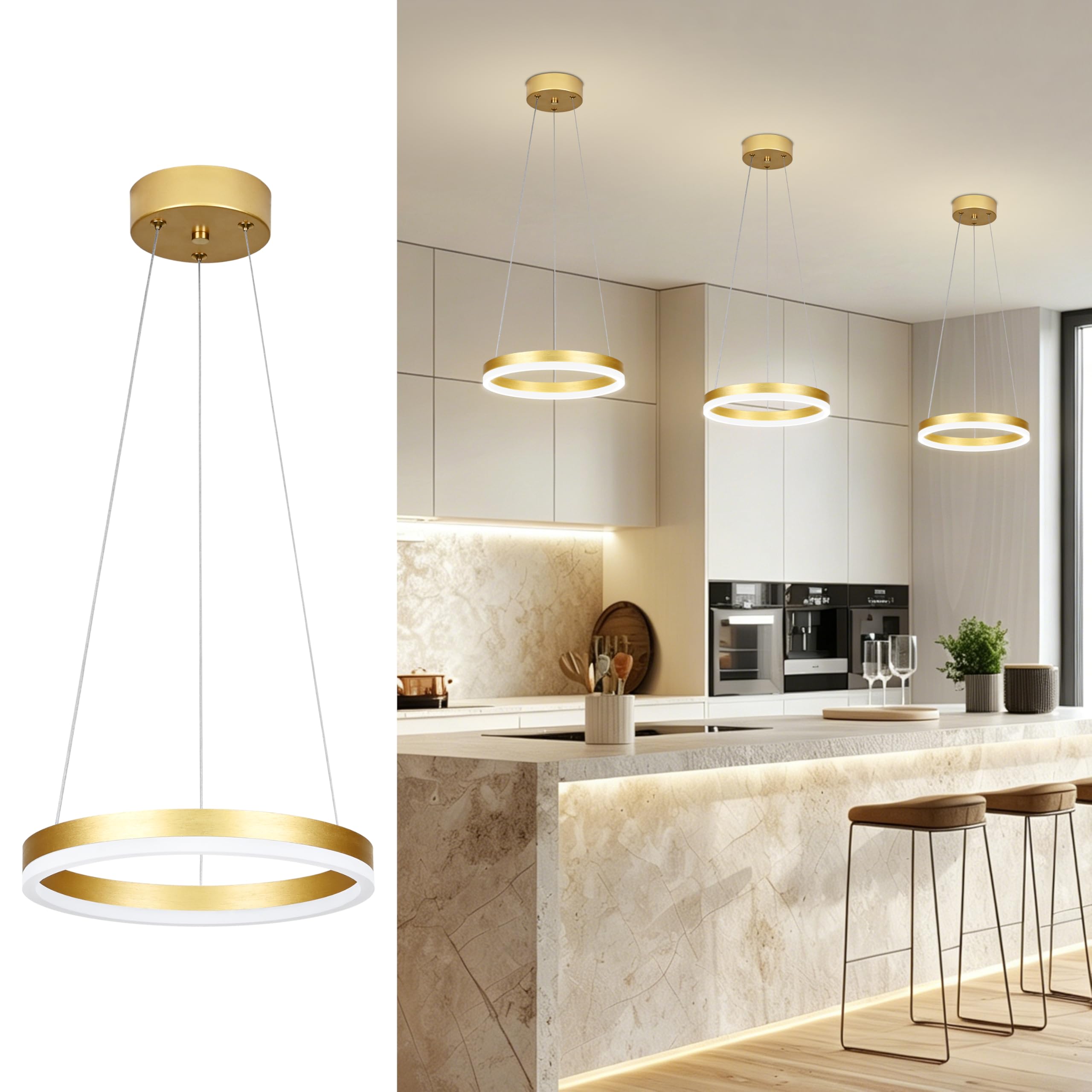 Mccokaige 12 Gold Led Ring Chandelier Ring Modern Led Chandelier 3 Pack Modern Pendant Lights Led Pendant Lights Adjustable Heig