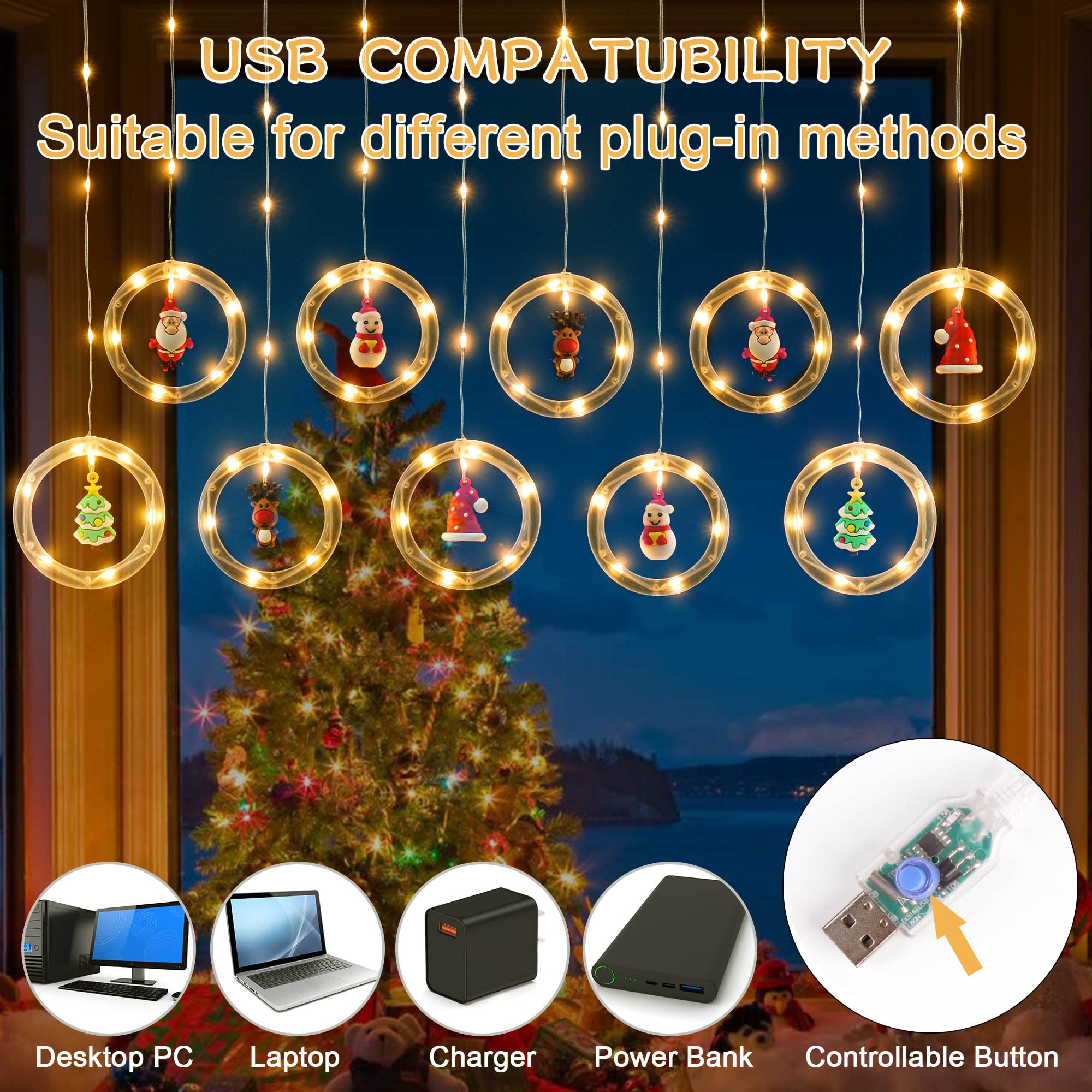 Christmas String Curtain Lights Indoor: Led Fairy Hanging Twinkle Xmas Light For Tree Window Bedroom Outdoor Decorations Usb Plug (Yellow)