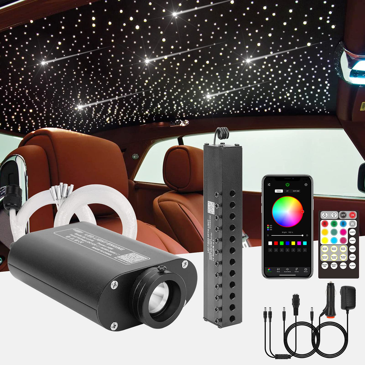 CHINLY Starlight Headliner Kit Meteor, 550pcs 9.8ft 0.03in 16W Star Lights for Car, Fiber Optic Star Ceiling Light, RGBW Bluetoo