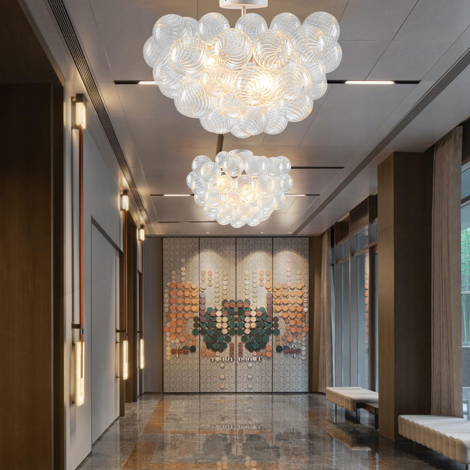 Beypan Bubble Ball Glass Chandelier White Finish Clear Ribbed Blown Glass Globe Semi Flush Mount Ceiling Light Fixture 20'' Dia