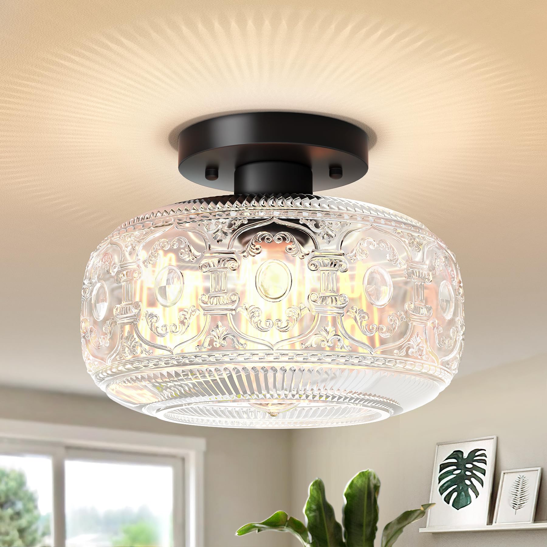 Oykyohei Black Vintage Semi Flush Mount Ceiling Light, Globe Glass Fixture For Home Lighting