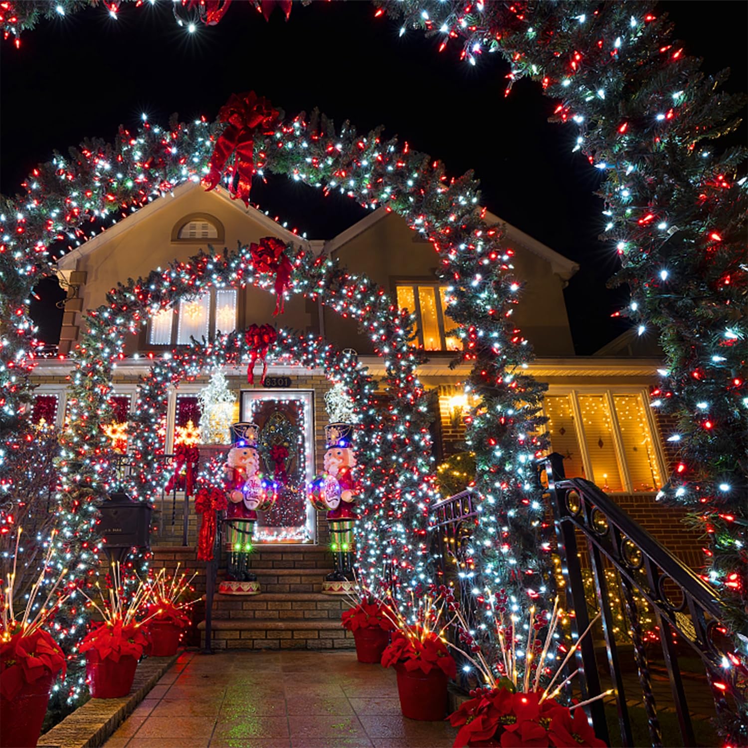 LJLNION 300 LED Christmas Lights, 98.5FT Waterproof String Lights, 8 Modes, Red & White, Indoor/Outdoor Decorations